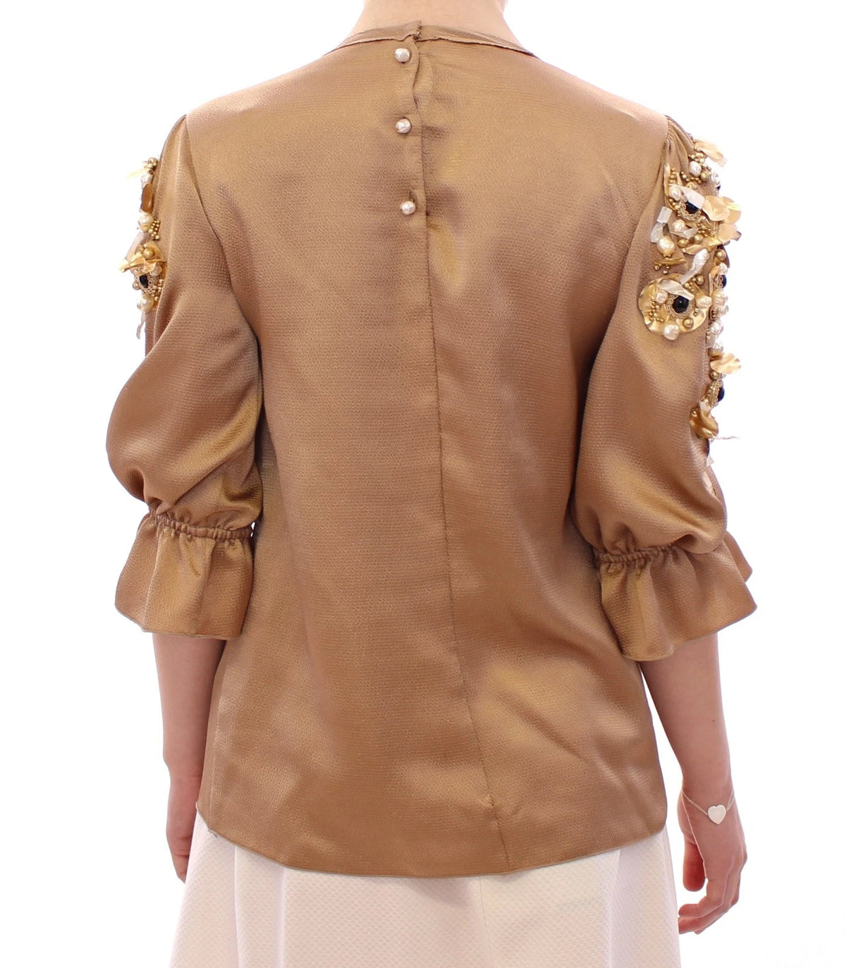 Indulge in the exquisite Dolce & Gabbana Gold SPECIAL Piece Runway Crystal Blouse, a luxurious blend of artistry and elegance, perfect for those who embody sophistication.