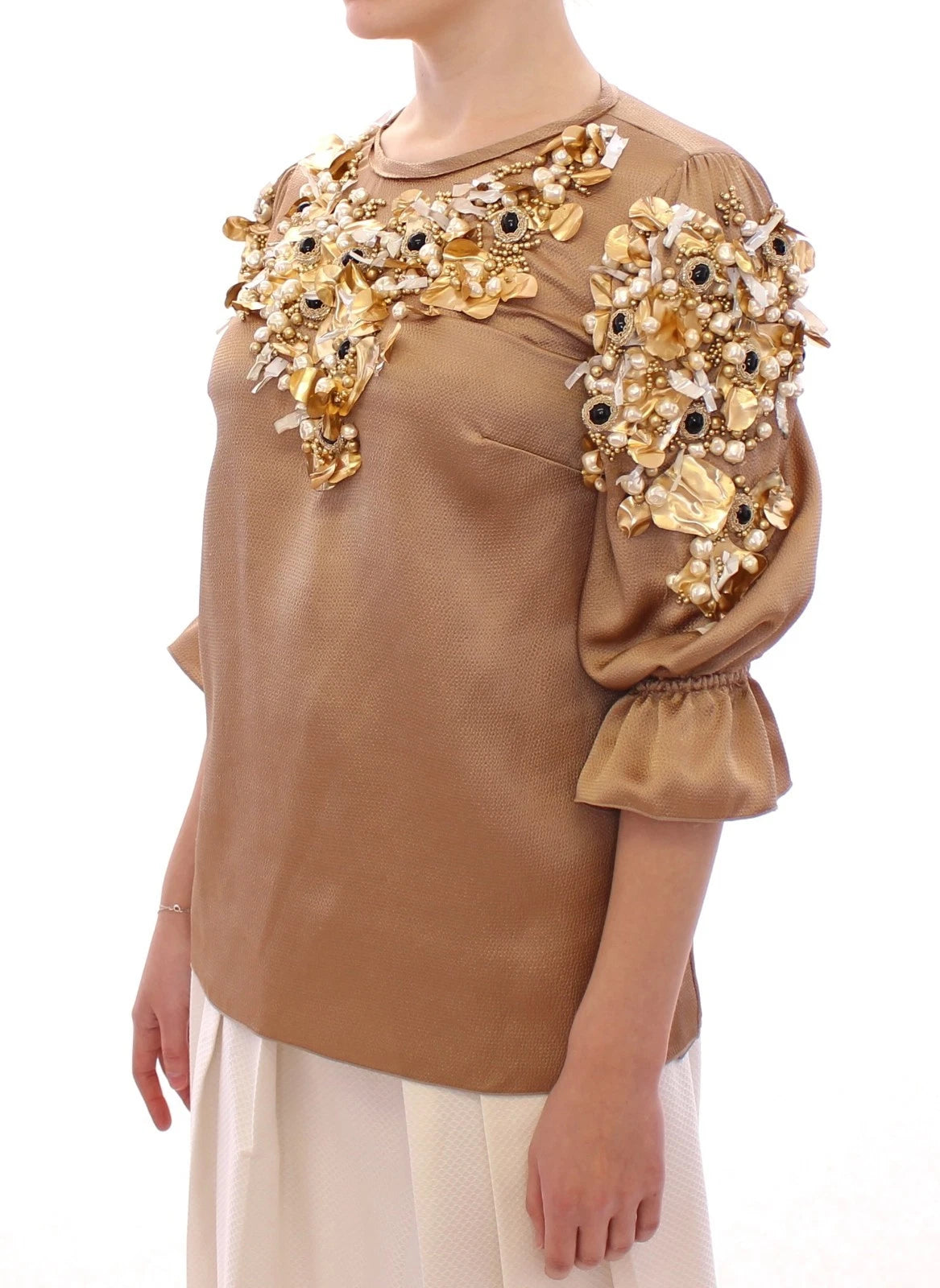 Indulge in the exquisite Dolce & Gabbana Gold SPECIAL Piece Runway Crystal Blouse, a luxurious blend of elegance and artistry, perfect for unforgettable moments.