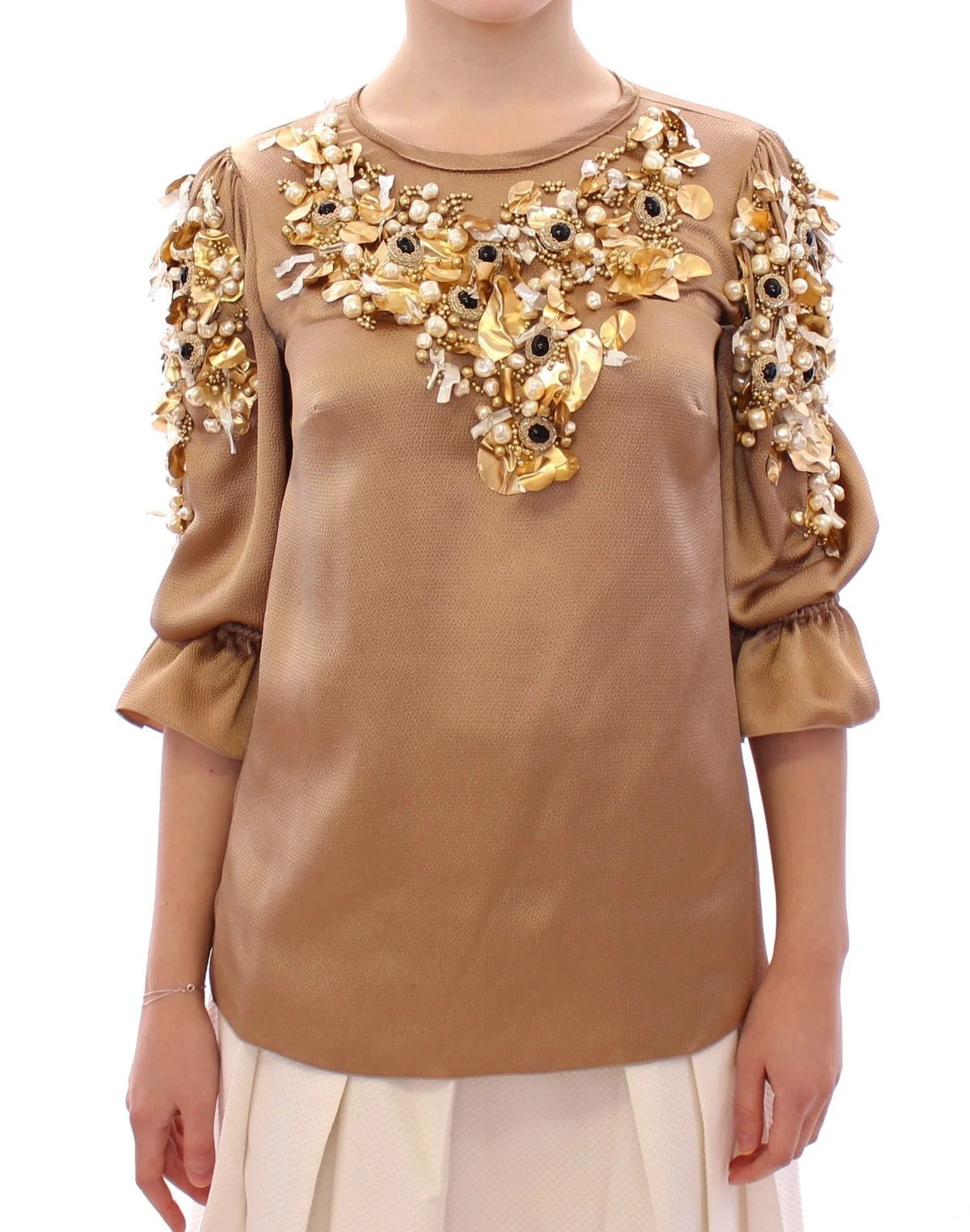 Indulge in the exquisite Dolce & Gabbana Gold SPECIAL Piece Runway Crystal Blouse, a luxurious blend of artistry and elegance, perfect for unforgettable moments.