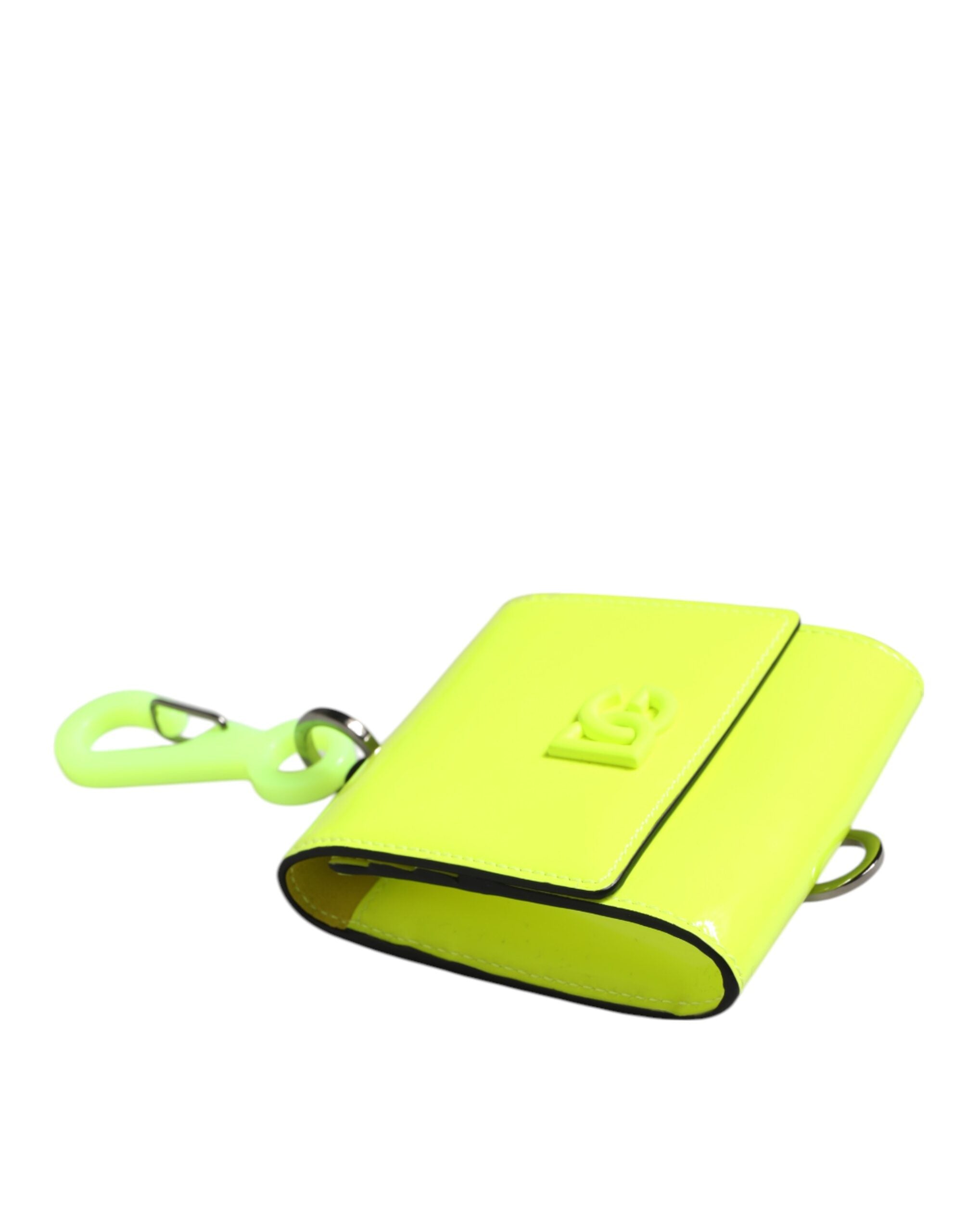 Elevate your style with the Dolce & Gabbana Yellow Green Bifold DG Logo Neck Strap Cardholder Wallet, a masterpiece of Italian craftsmanship in luxurious calf leather.