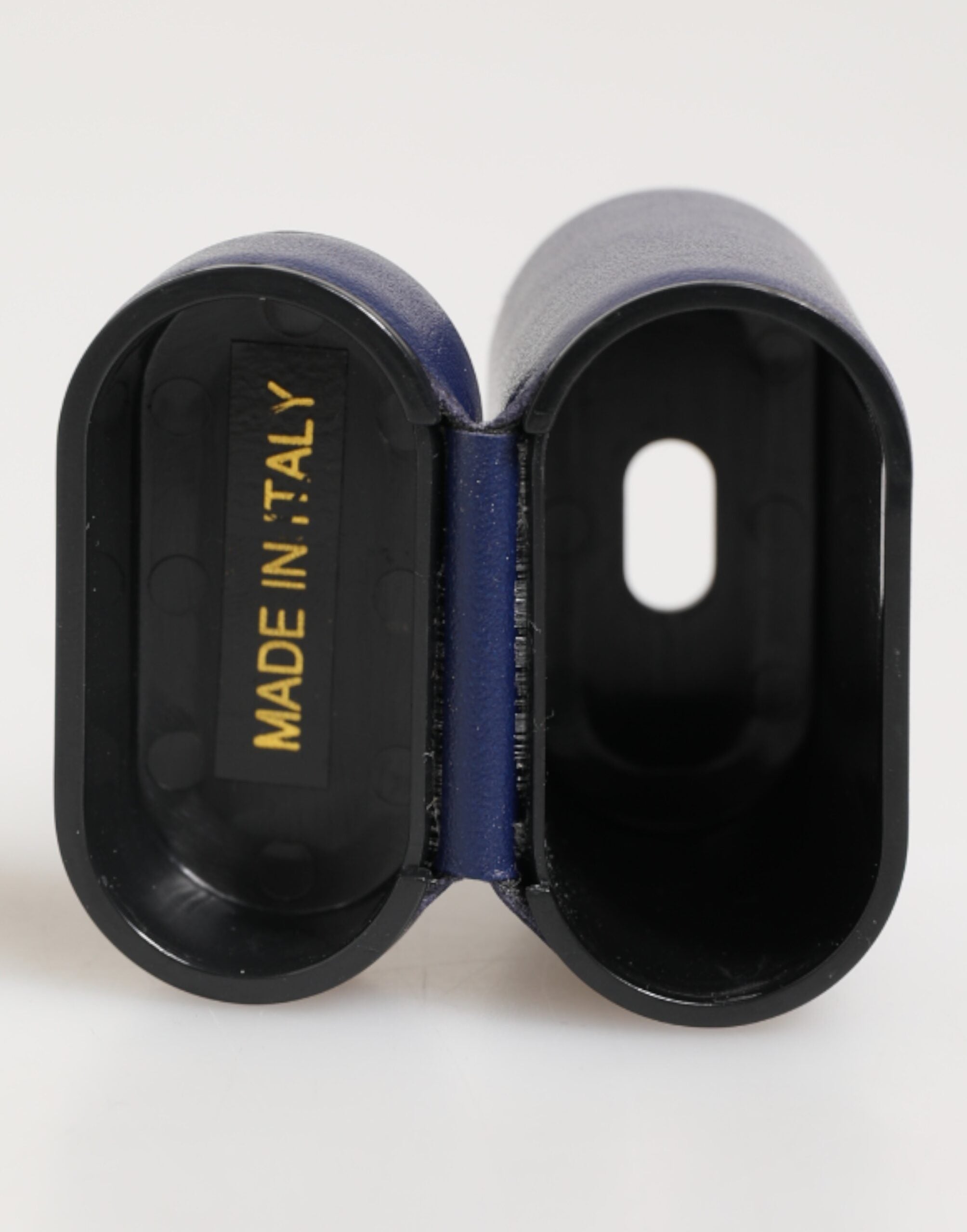 Elevate your style with the Dolce & Gabbana Blue Leather Logo Print Flip Holder AirPods Case, a masterpiece of Italian craftsmanship in luxurious calfskin leather.