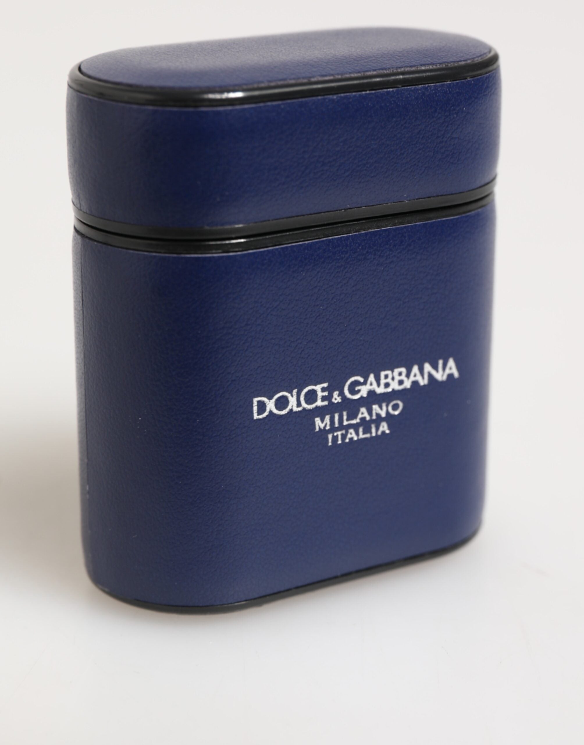 Custodia Airpods da uomo Dolce & Gabbana, portachiavi a libro in pelle blu con stampa del logo.