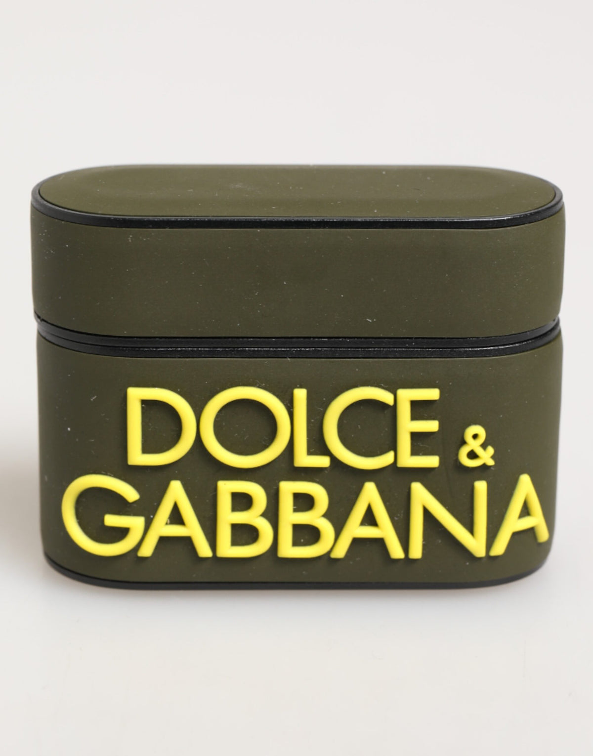 Elevate your tech with the Dolce & Gabbana Army Green Rubber Logo Embossed Airpods Case, a fusion of exquisite craftsmanship and luxurious materials, designed for the discerning individual.
