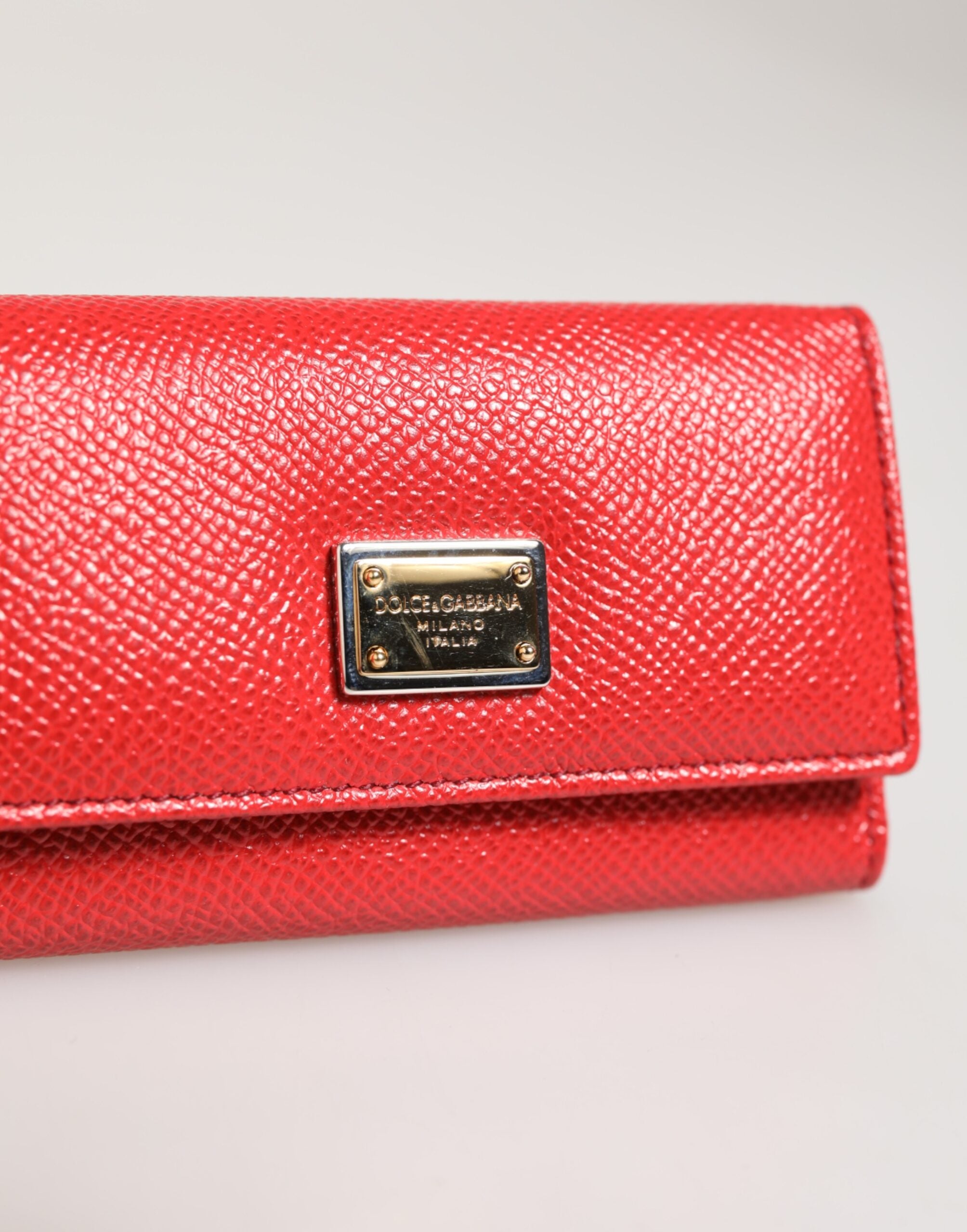 Dolce & Gabbana Red Leather Silver Metal Logo Plaque Trifold Key Holder
