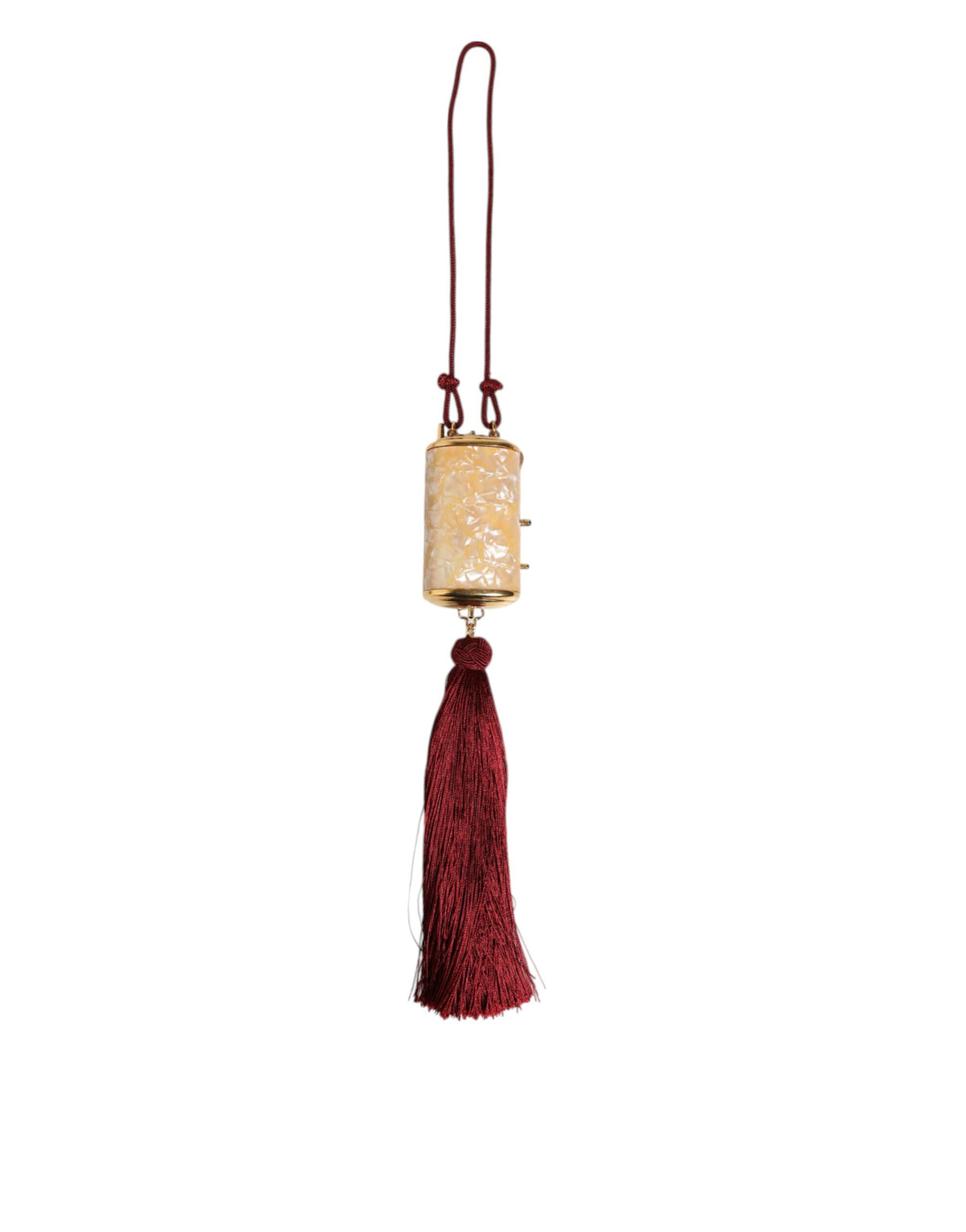 Indulge in the exquisite Dolce & Gabbana White Pearl Resin Gold Metal Red Tassel Pendant Bag, a symbol of artisanal luxury that elevates your style with timeless sophistication.