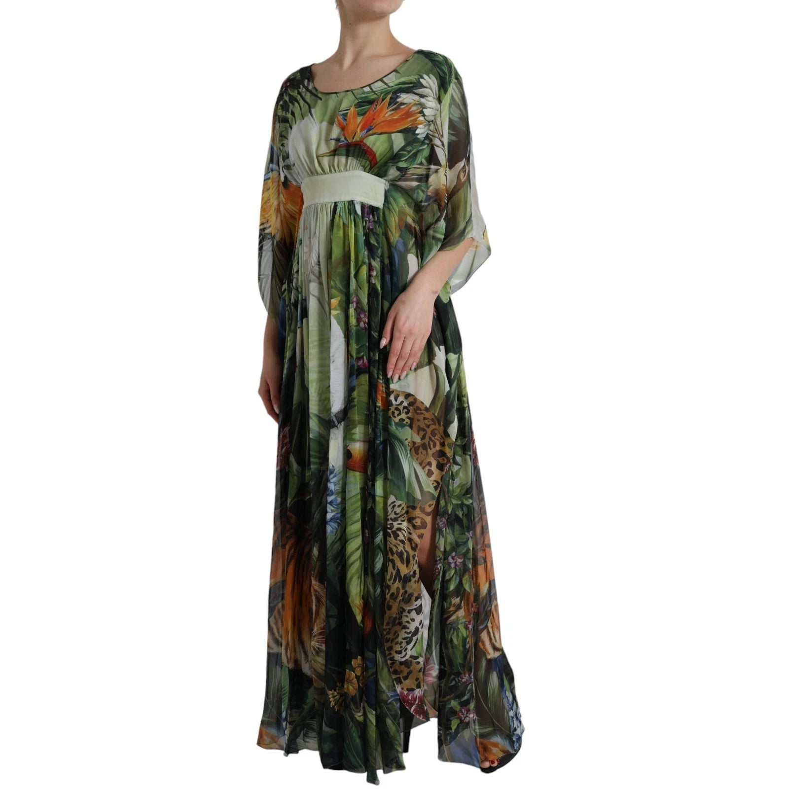 Elevate your wardrobe with the Dolce & Gabbana Multicolor Silk Jungle Print Maxi Dress, a stunning embodiment of Italian luxury and artistry, perfect for any sophisticated occasion.