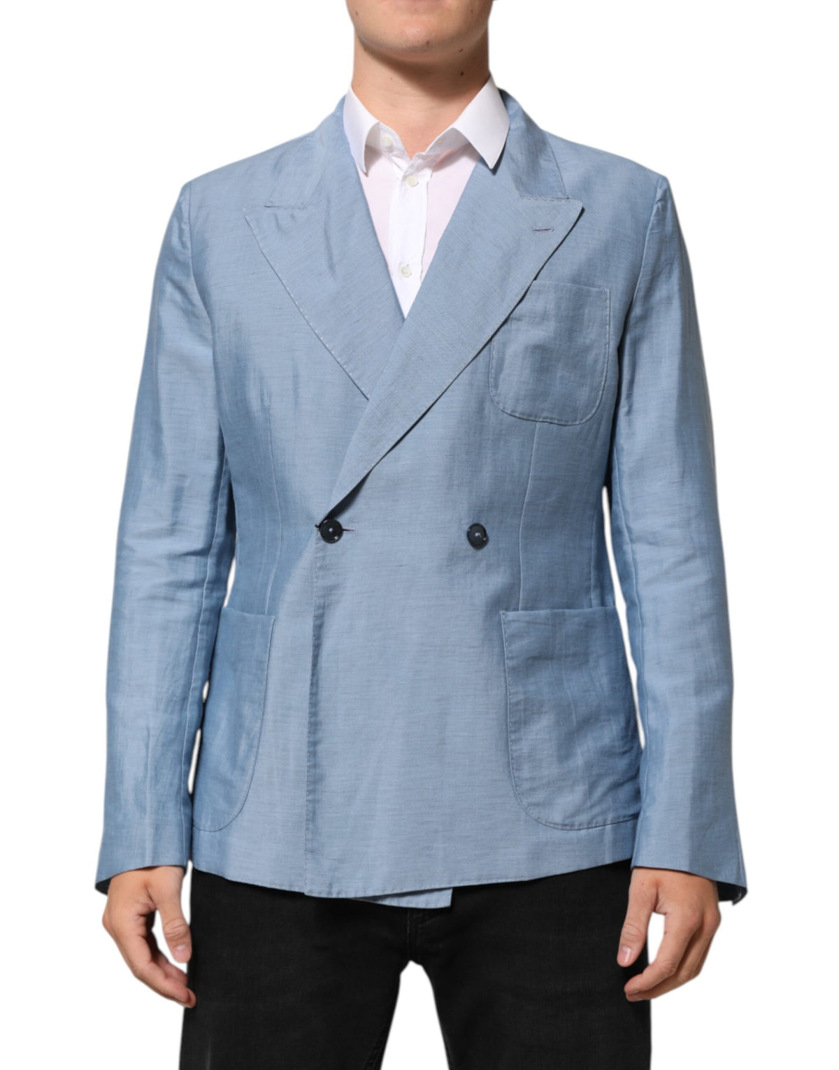 Elevate your style with the Dolce & Gabbana Light Blue Linen Double Breasted Blazer, a masterpiece of Italian craftsmanship that embodies luxury and sophistication.