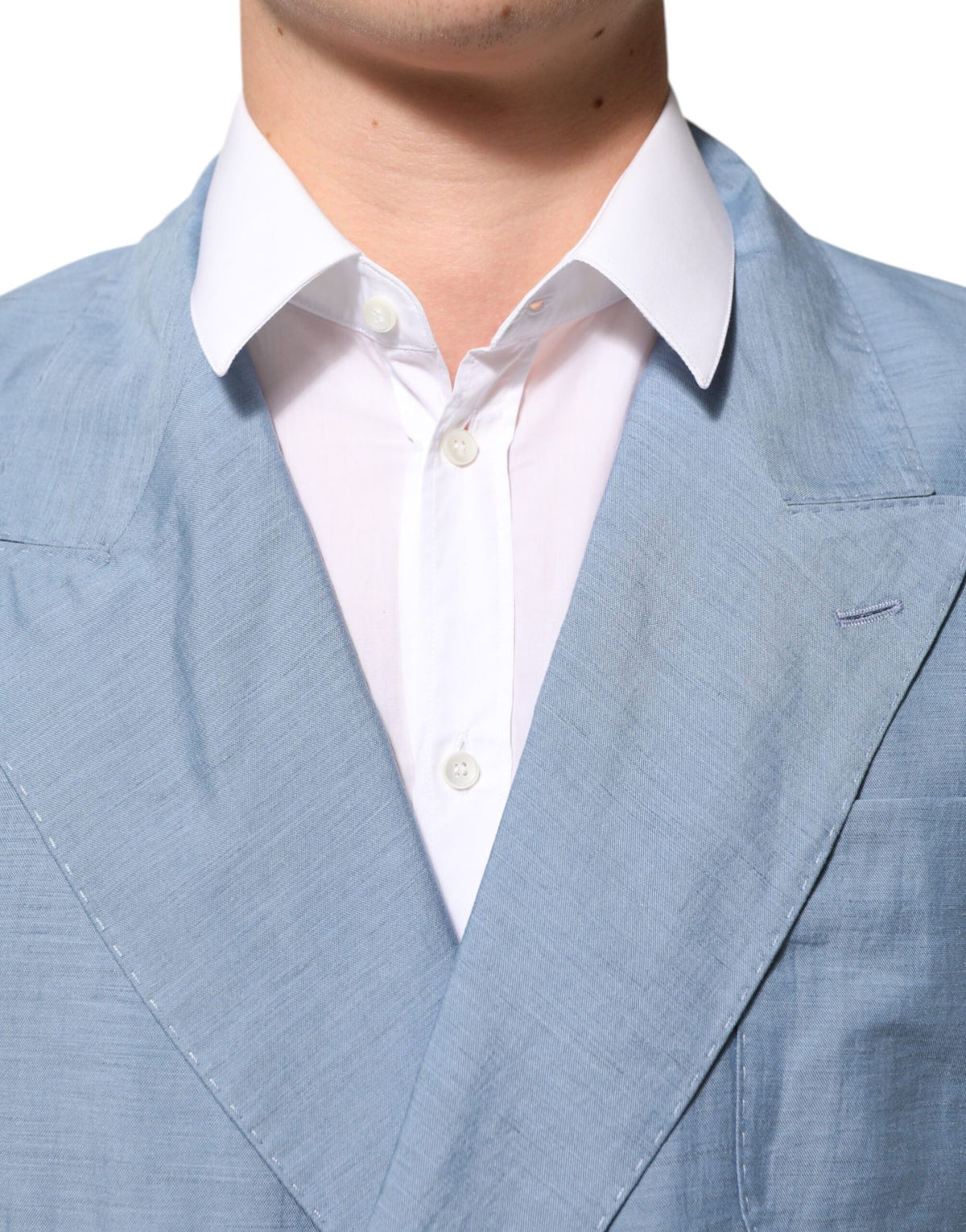 Elevate your style with the Dolce & Gabbana Light Blue Linen Double Breasted Men Jacket Blazer, a masterpiece of Italian craftsmanship that embodies luxury and sophistication.