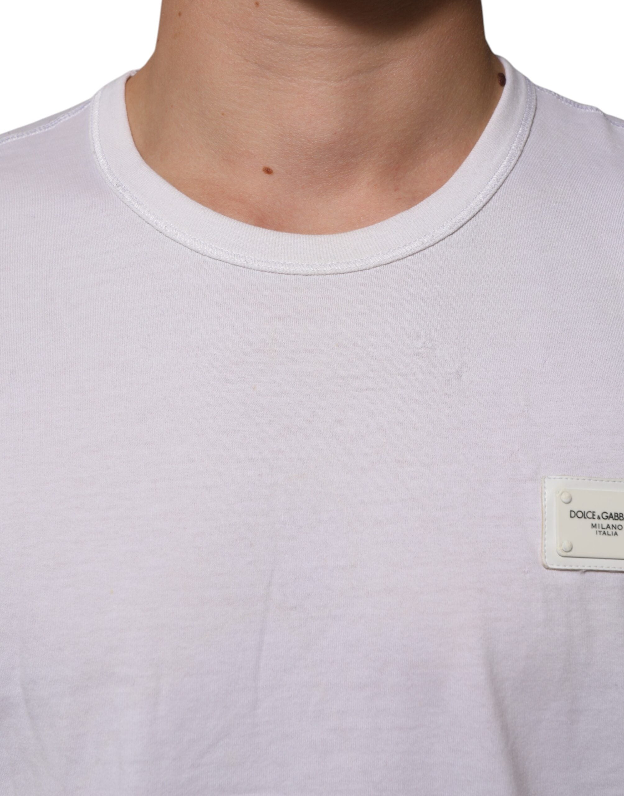 Dolce & Gabbana White Cotton Logo Patch Crew Neck Men T-shirt