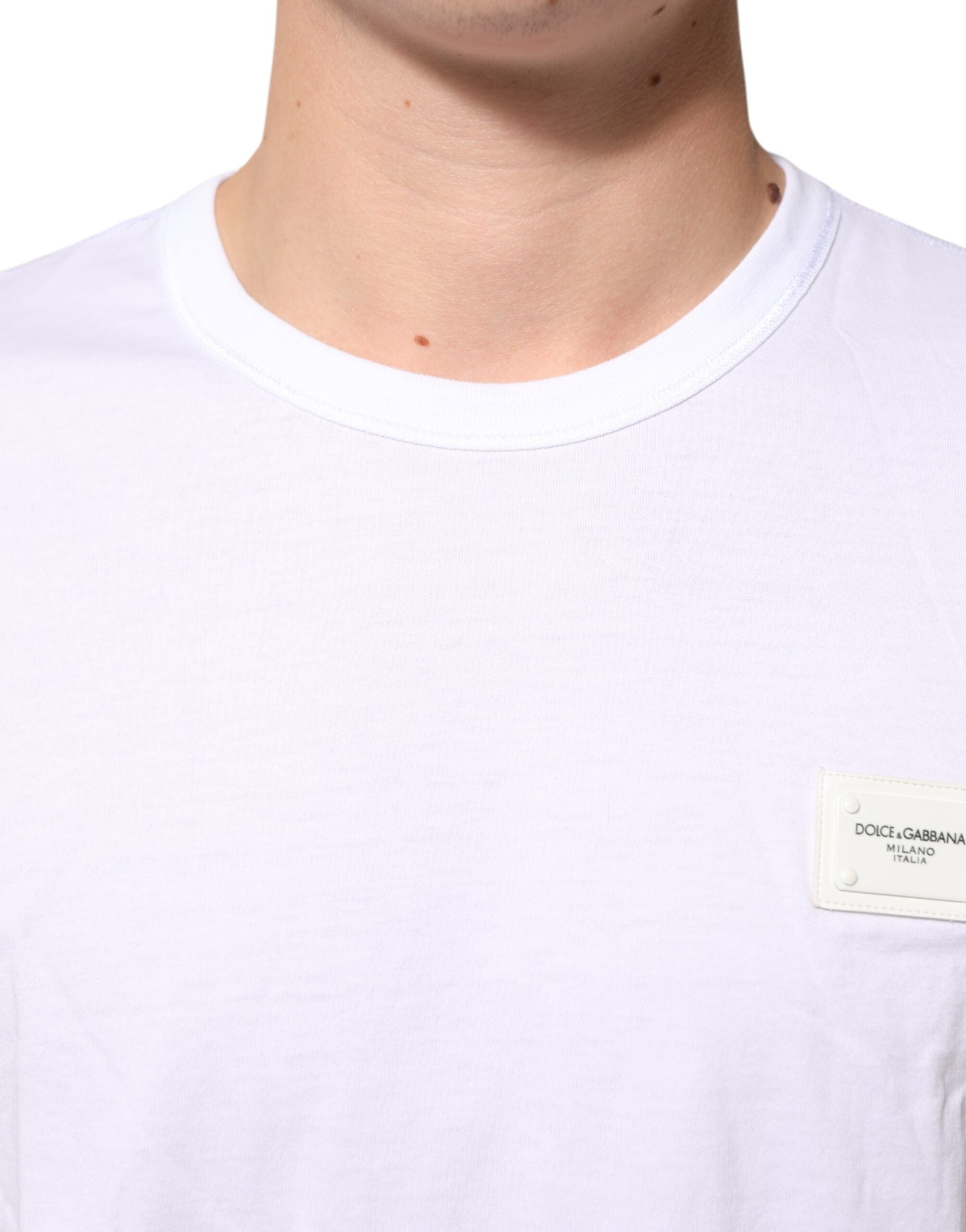 Dolce & Gabbana White Logo Plaque Cotton Crew Neck T-shirt