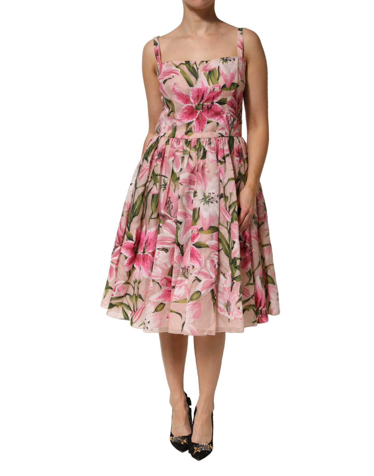 Elevate your wardrobe with the Dolce & Gabbana Pink Floral Lily Print Midi Dress, a luxurious silk blend masterpiece that embodies haute couture elegance and timeless sophistication.