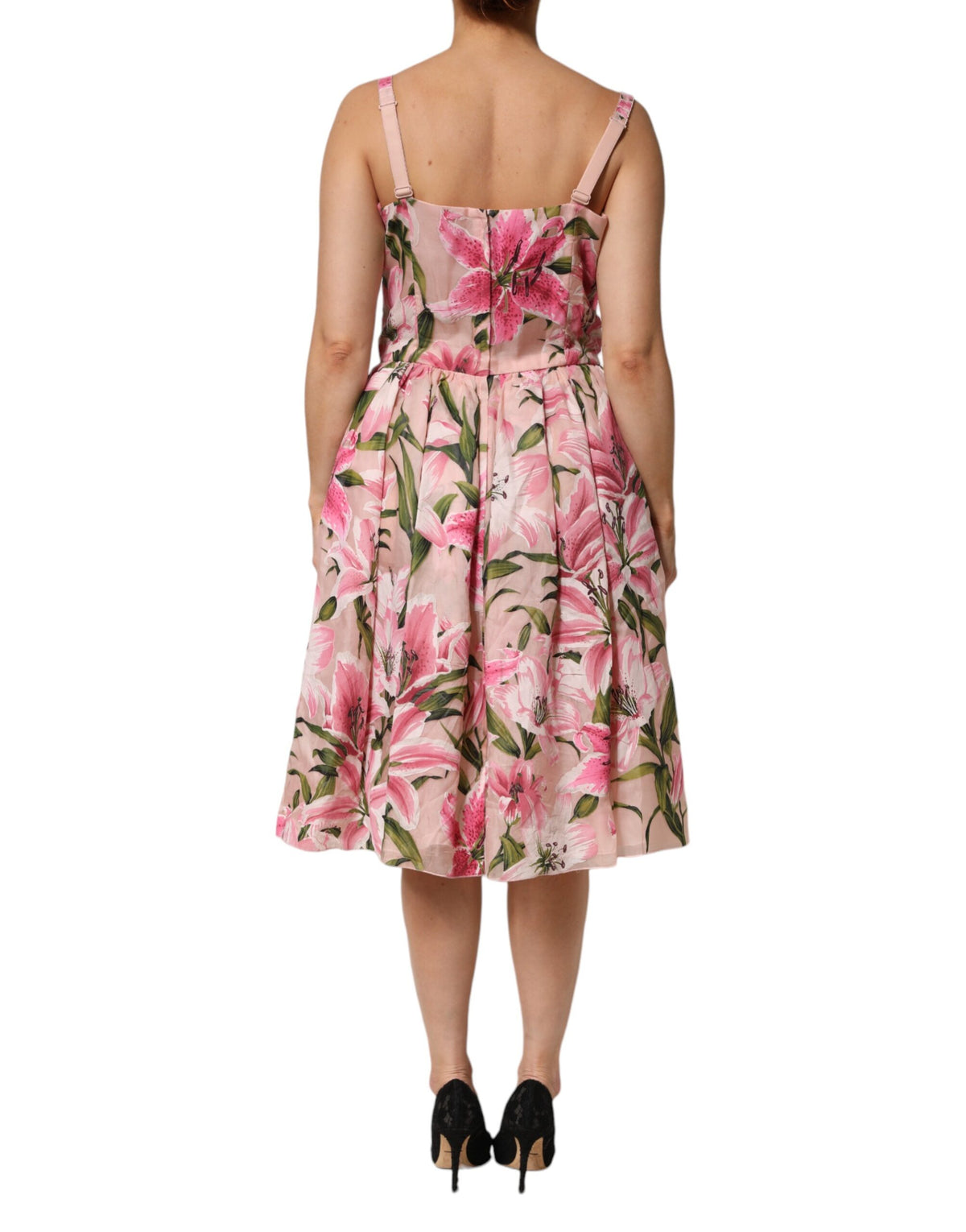 Elevate your wardrobe with the Dolce & Gabbana Pink Floral Lily Print Midi Dress, a masterpiece of Italian craftsmanship in silk and polyamide, perfect for any elegant occasion.