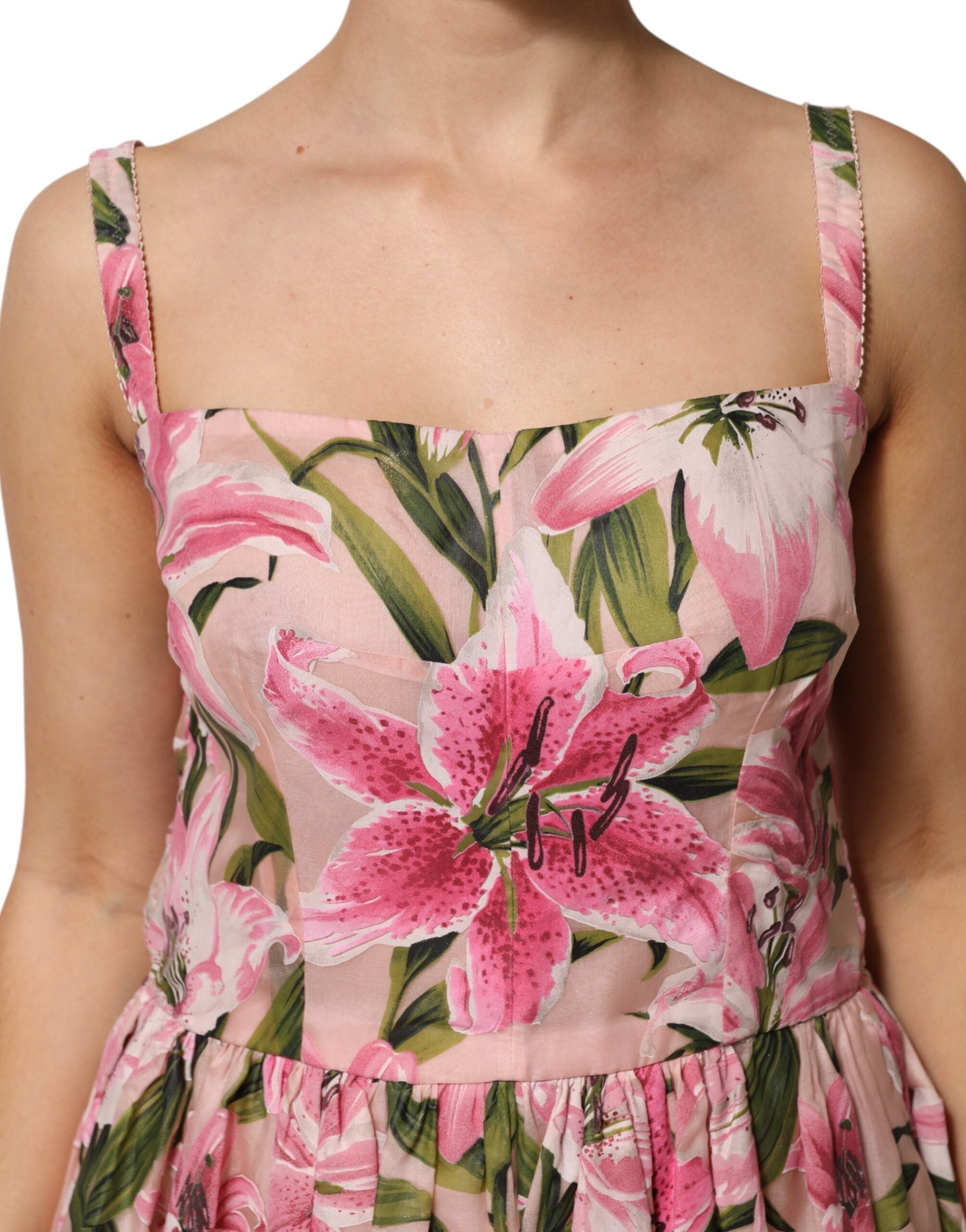 Elevate your wardrobe with the Dolce & Gabbana Pink Floral Lily Print Midi Dress, a masterpiece of Italian craftsmanship in luxurious silk blend, perfect for unforgettable moments.