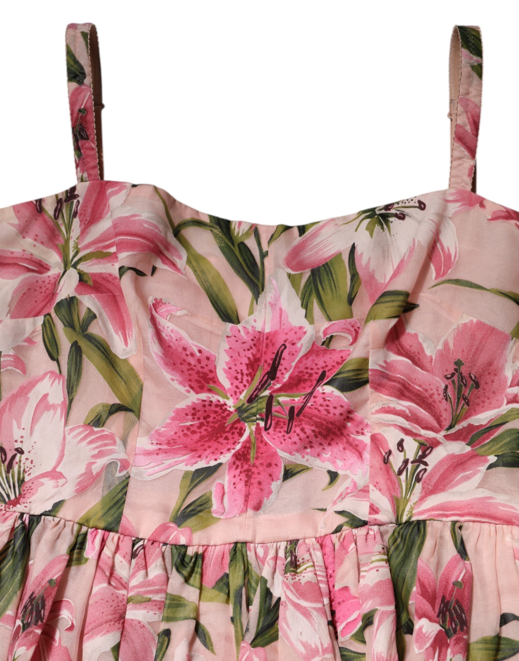 Elevate your wardrobe with the Dolce & Gabbana Pink Floral Lily Print Midi Dress, a masterpiece of Italian craftsmanship in a luxurious silk blend, perfect for every elegant occasion.