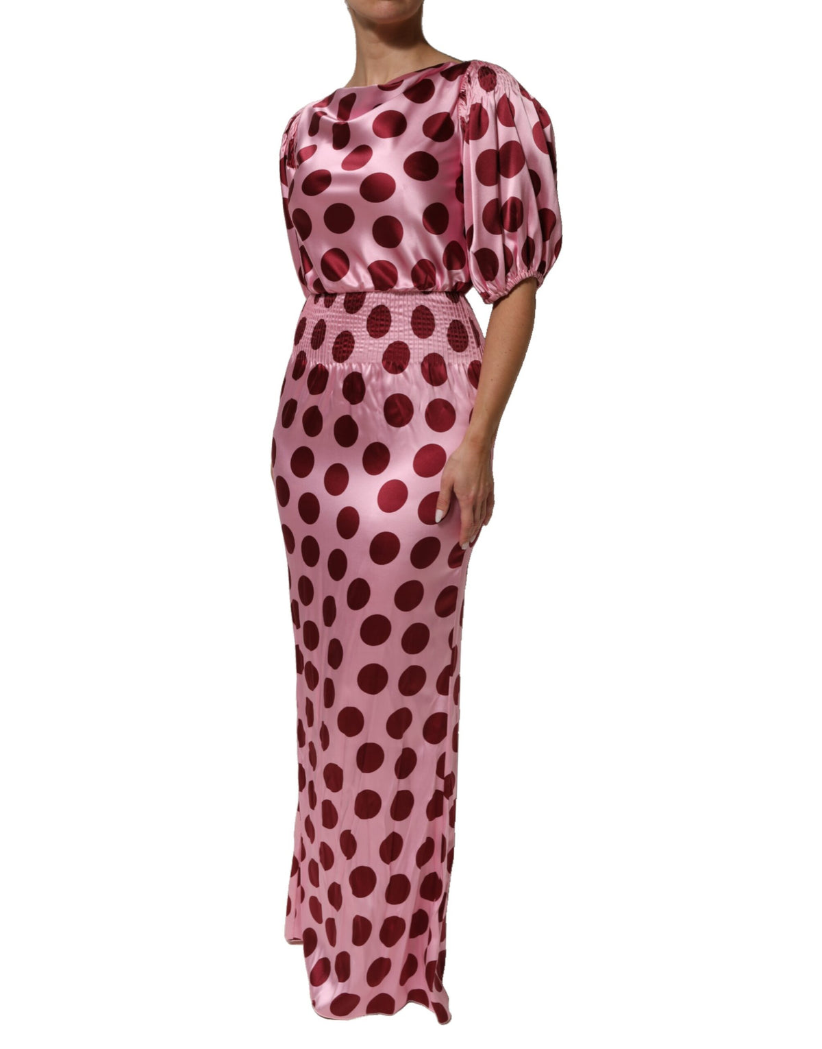 Indulge in the exquisite Dolce & Gabbana Pink Red Polka Dot Silk Satin Maxi Gown, a timeless masterpiece that celebrates elegance and sensuality for unforgettable moments.