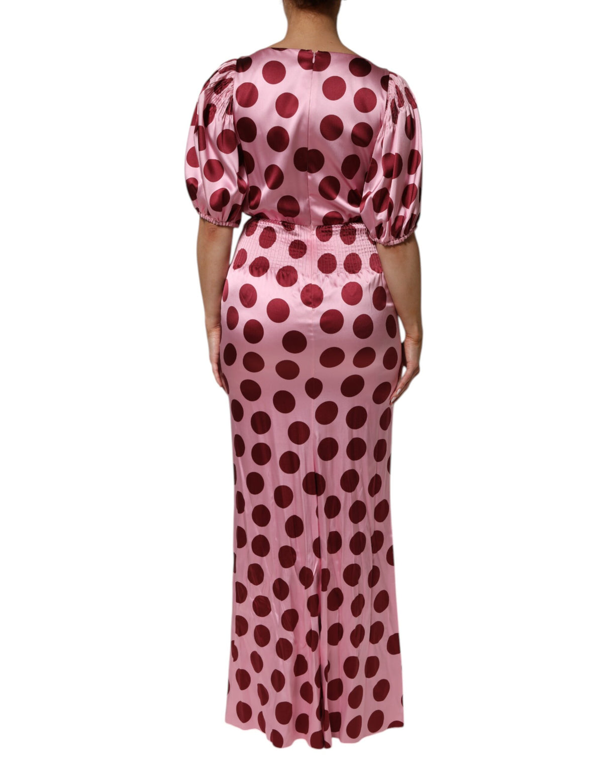 Indulge in the exquisite Dolce & Gabbana Pink Red Polka Dot Silk Satin Maxi Gown, a luxurious blend of silk and elastane, perfect for unforgettable moments of elegance.