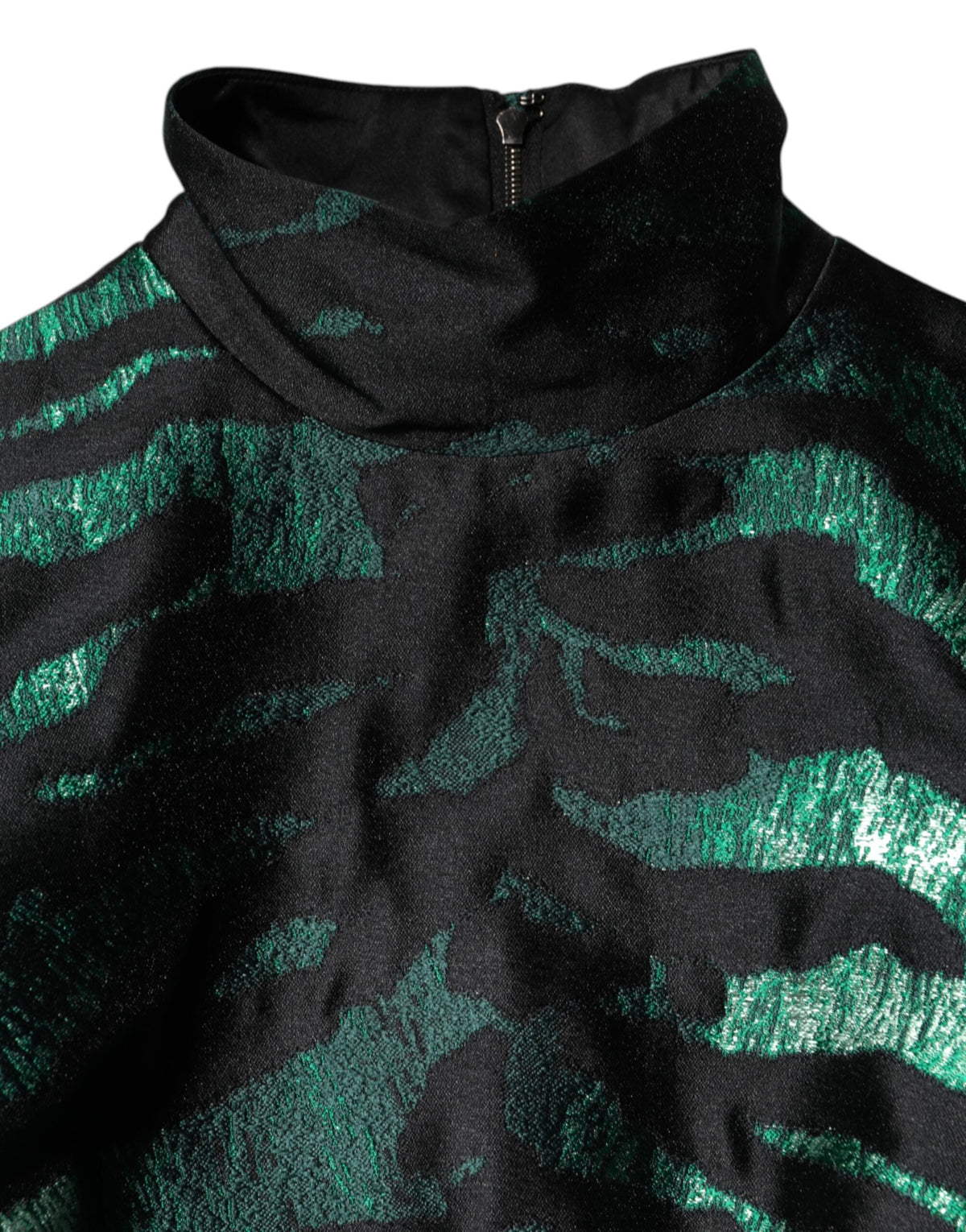 Indulge in the exquisite Dolce & Gabbana Black Green Metallic Jacquard Mini Long Dress, where luxurious silk and metallic allure redefine your evening elegance.