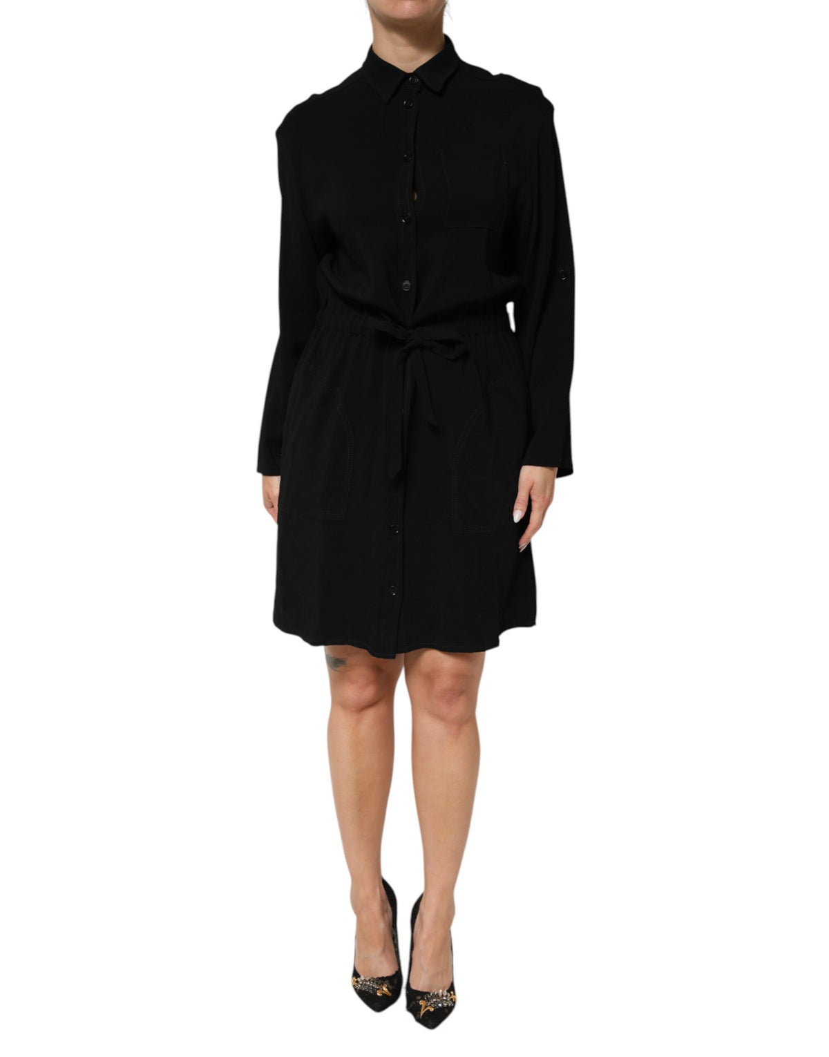 Indulge in the Emporio Armani Black Viscose Blend Shirt Style Belted Dress, where exquisite craftsmanship meets timeless elegance, perfect for any sophisticated occasion.