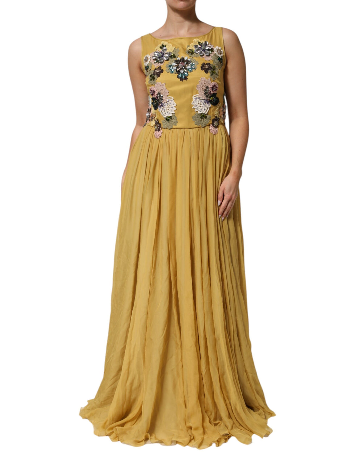 Indulge in the exquisite Dolce & Gabbana Yellow Silk Floral Embroidered Maxi Dress, a testament to Italian craftsmanship that embodies timeless elegance and allure.