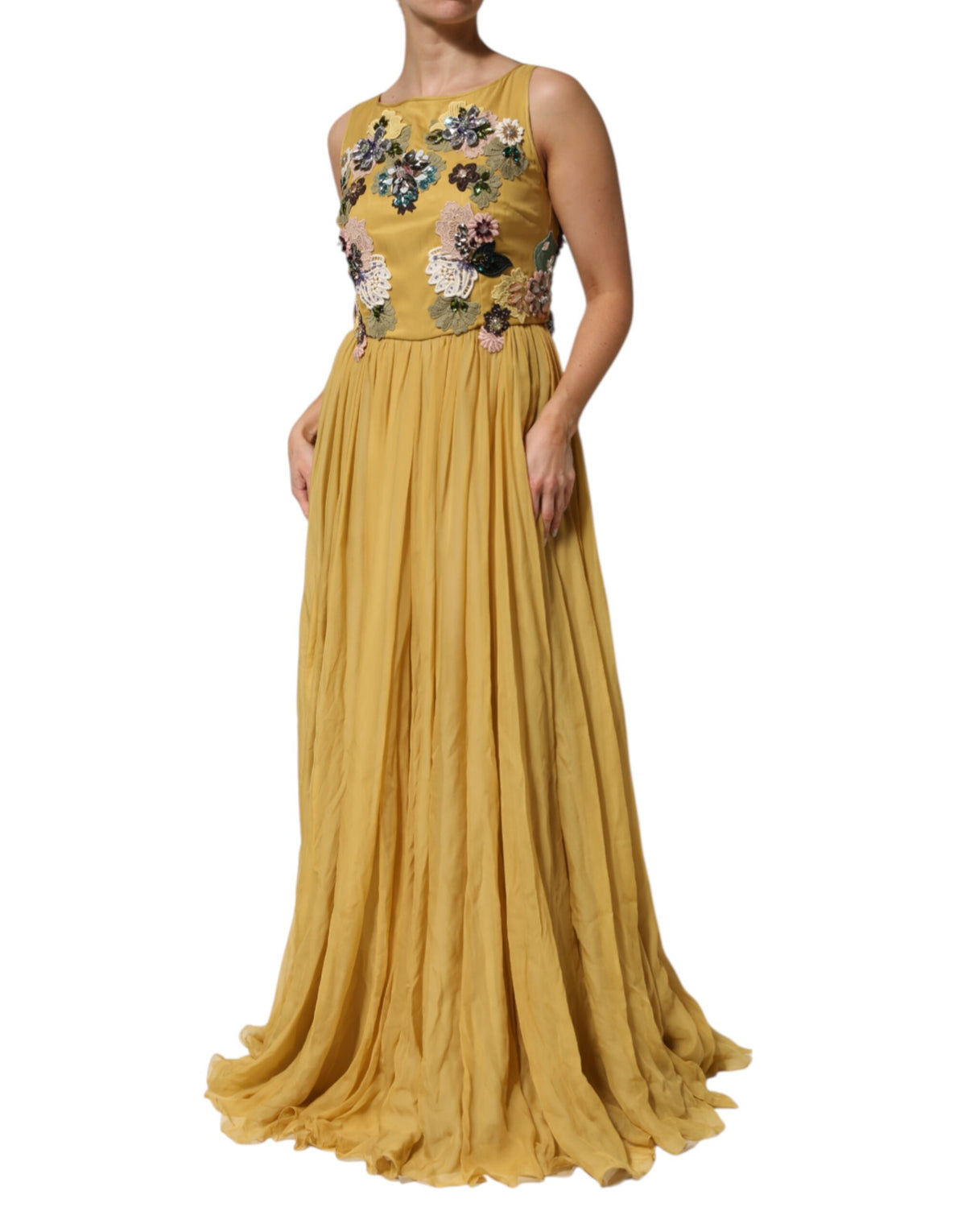 Indulge in the exquisite Dolce & Gabbana Yellow Silk Floral Embroidered Maxi Dress, a celebration of luxurious silk chiffon and Italian craftsmanship, perfect for unforgettable evenings.
