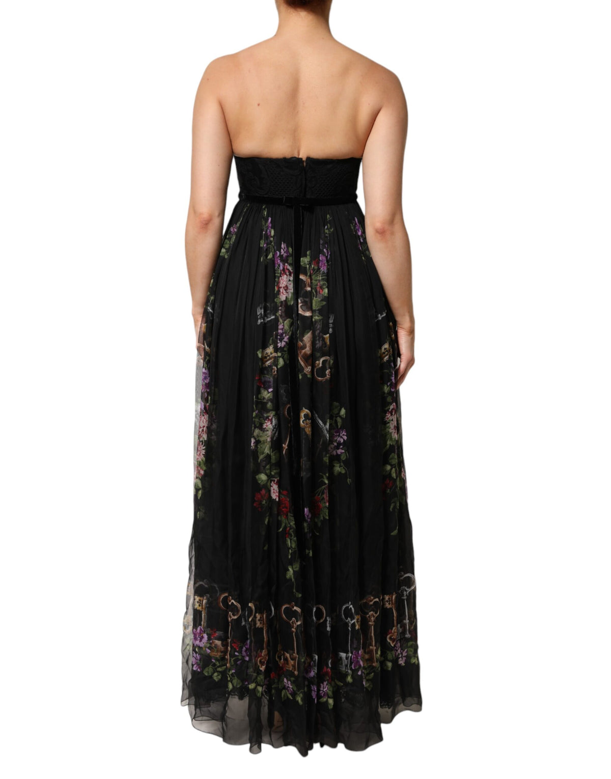 Indulge in the allure of the Dolce & Gabbana Black Floral Key Print Crystal Strapless Dress, where exquisite silk and crystal craftsmanship redefine elegance for the discerning individual.