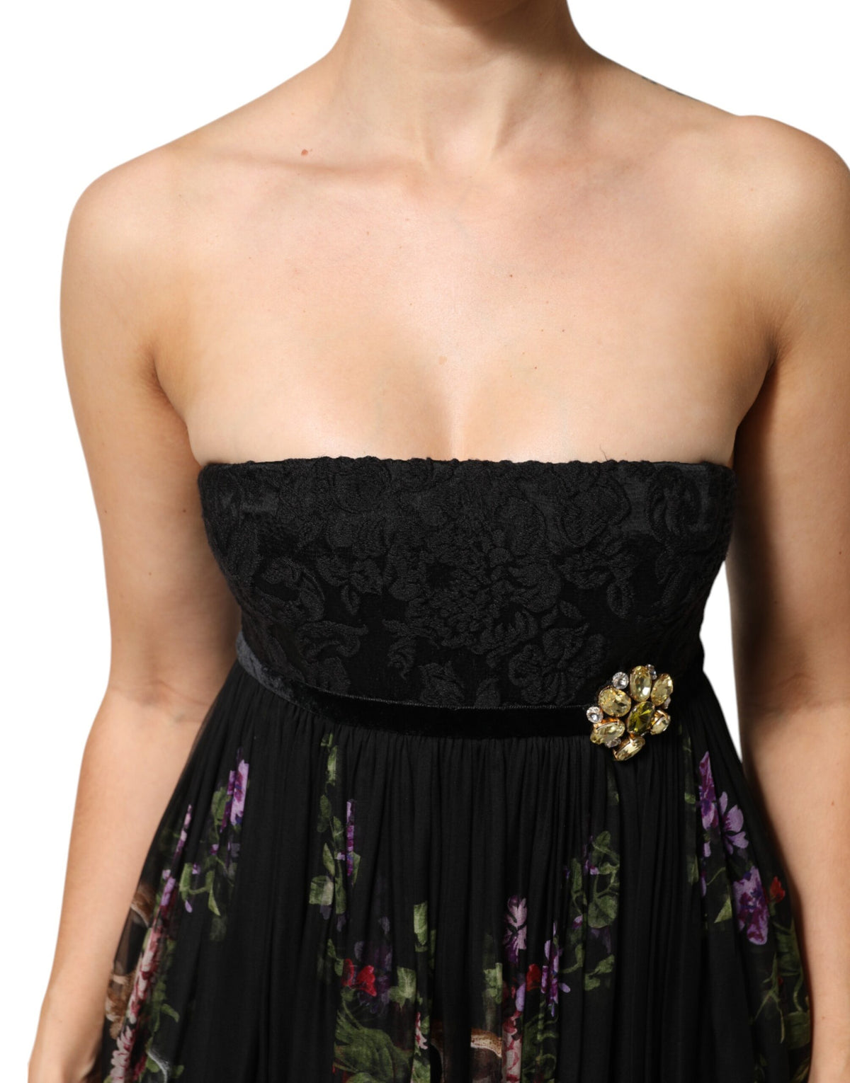 Indulge in the elegance of the Dolce & Gabbana Black Floral Key Print Crystal Strapless Dress, where exquisite silk and crystal craftsmanship redefine luxury and allure.