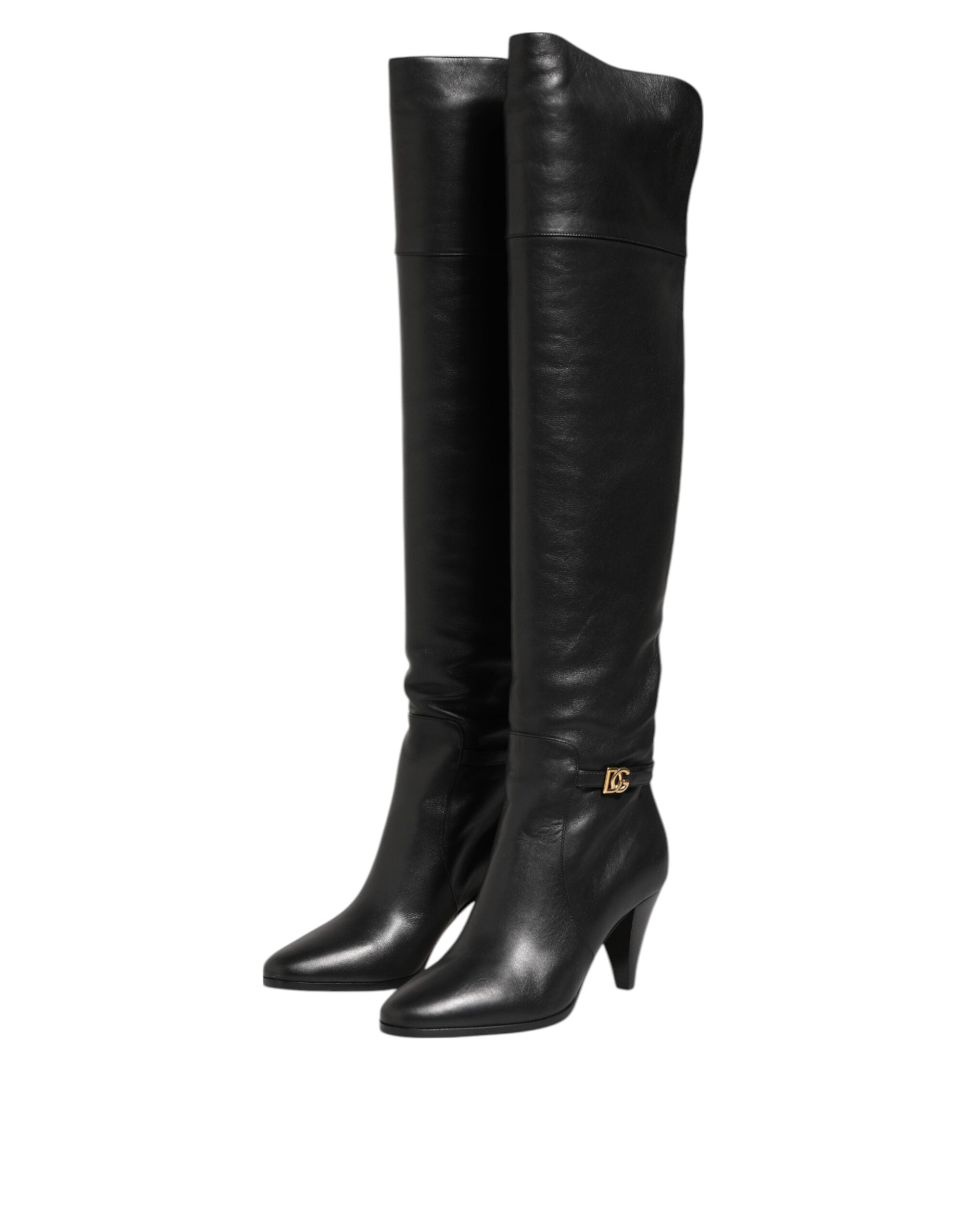 Dolce & Gabbana Black Leather Over-The-Knee DG Boots Shoes