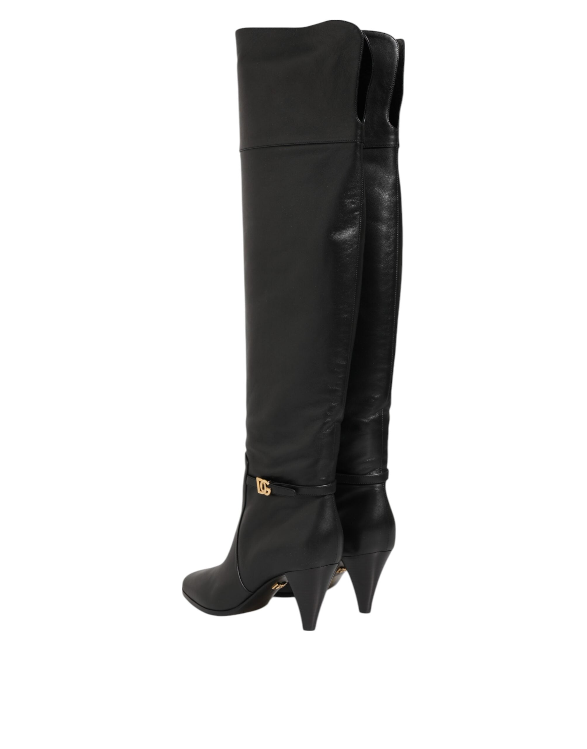 Dolce & Gabbana Black Leather Over-The-Knee DG Boots Shoes