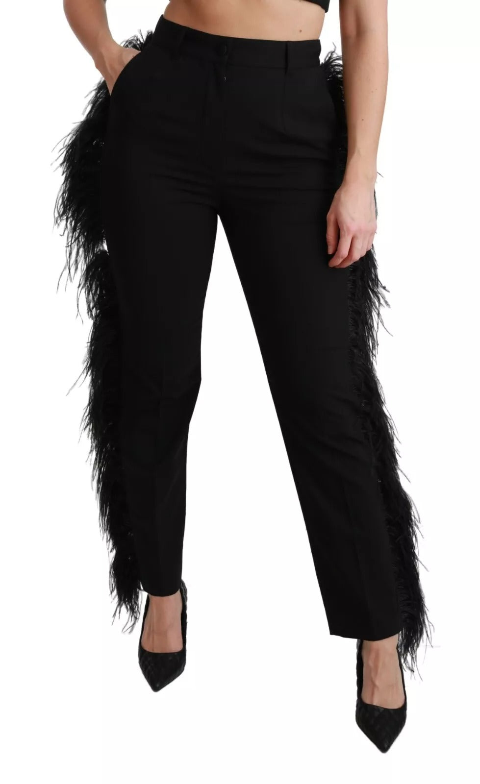Dolce & Gabbana Black Feather Straight High Waist Pants