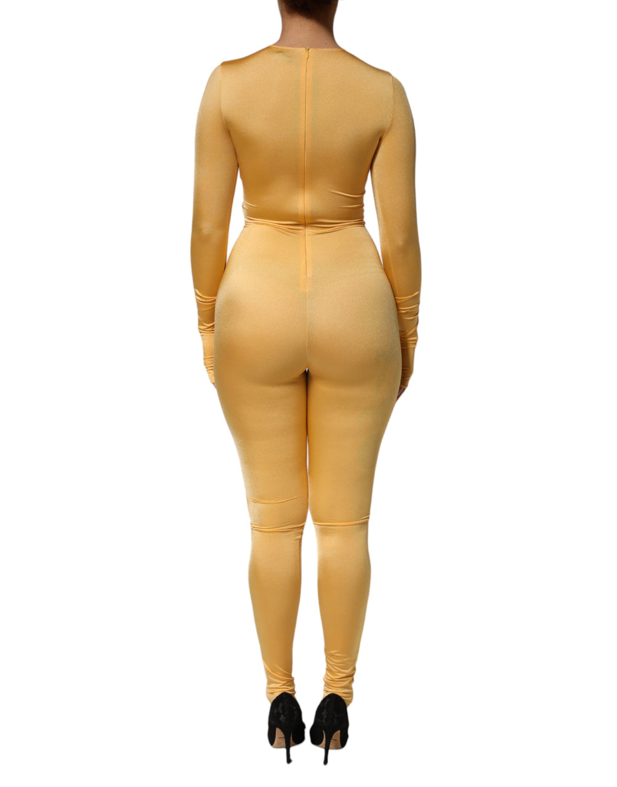 Indulge in the exquisite Dolce & Gabbana Gold Yellow Stretch Long Sleeve Bodysuit Dress, a masterpiece of Italian craftsmanship that elevates your allure and sophistication.