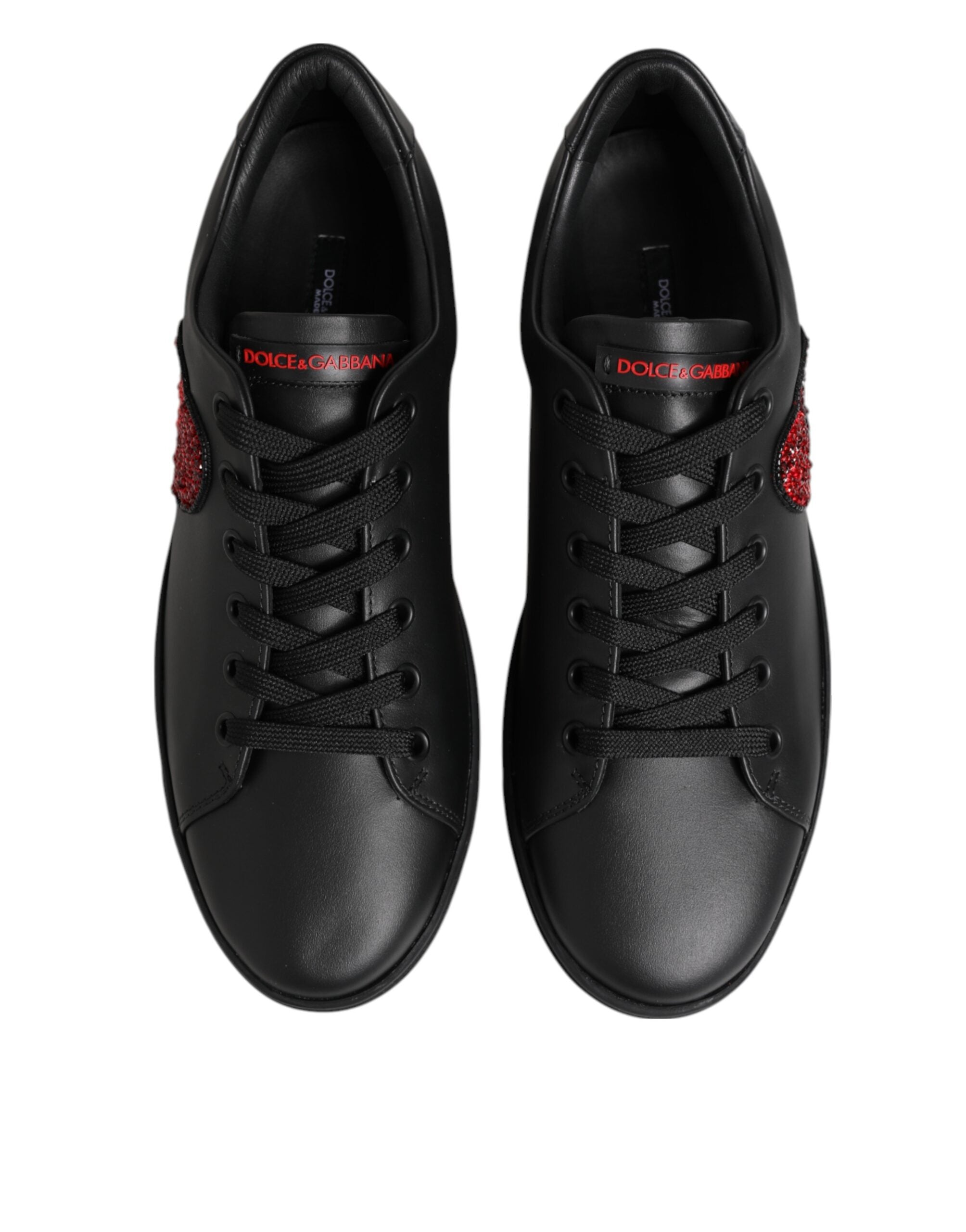 Dolce & Gabbana Black Leather Crystal Heart Low Top Sneakers Shoes