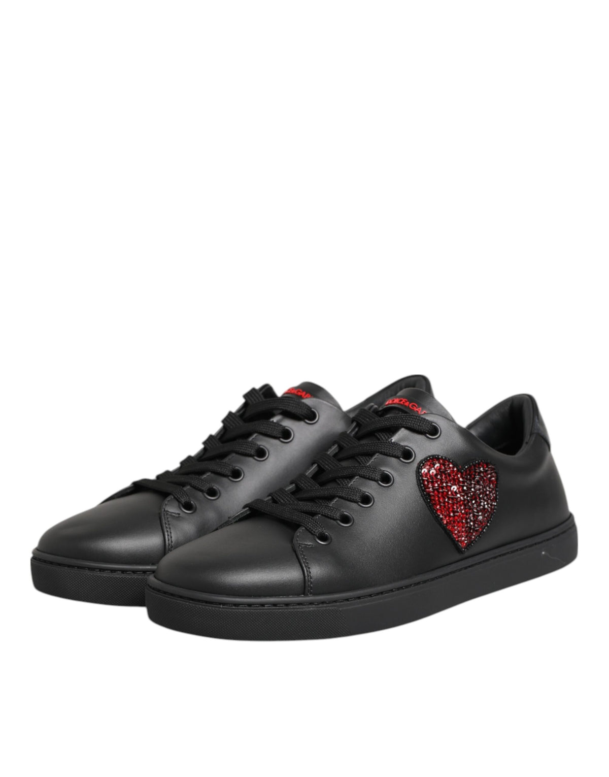 Dolce & Gabbana Black Leather Crystal Heart Sneakers - Luxury Fashion