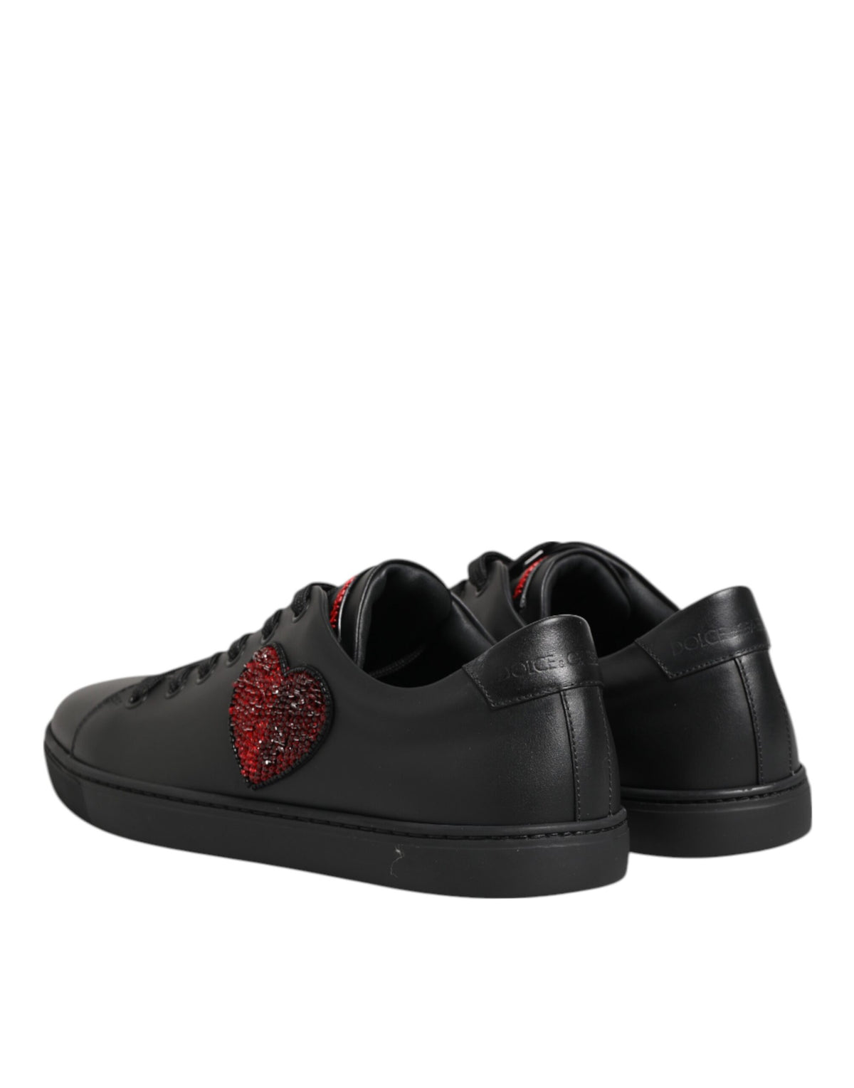 Dolce & Gabbana Black Leather Crystal Heart Low Top Sneakers