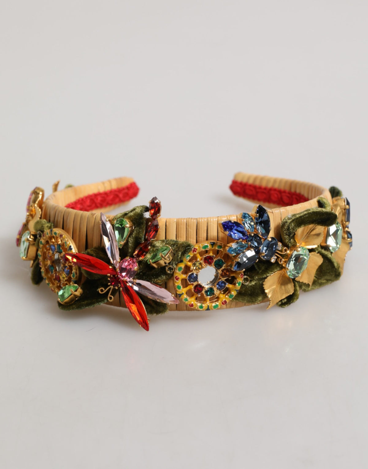 Elevate your style with the Dolce & Gabbana Multicolor Crystal Floral Velvet Crown Headband, a handcrafted masterpiece that embodies luxury and exquisite artistry.