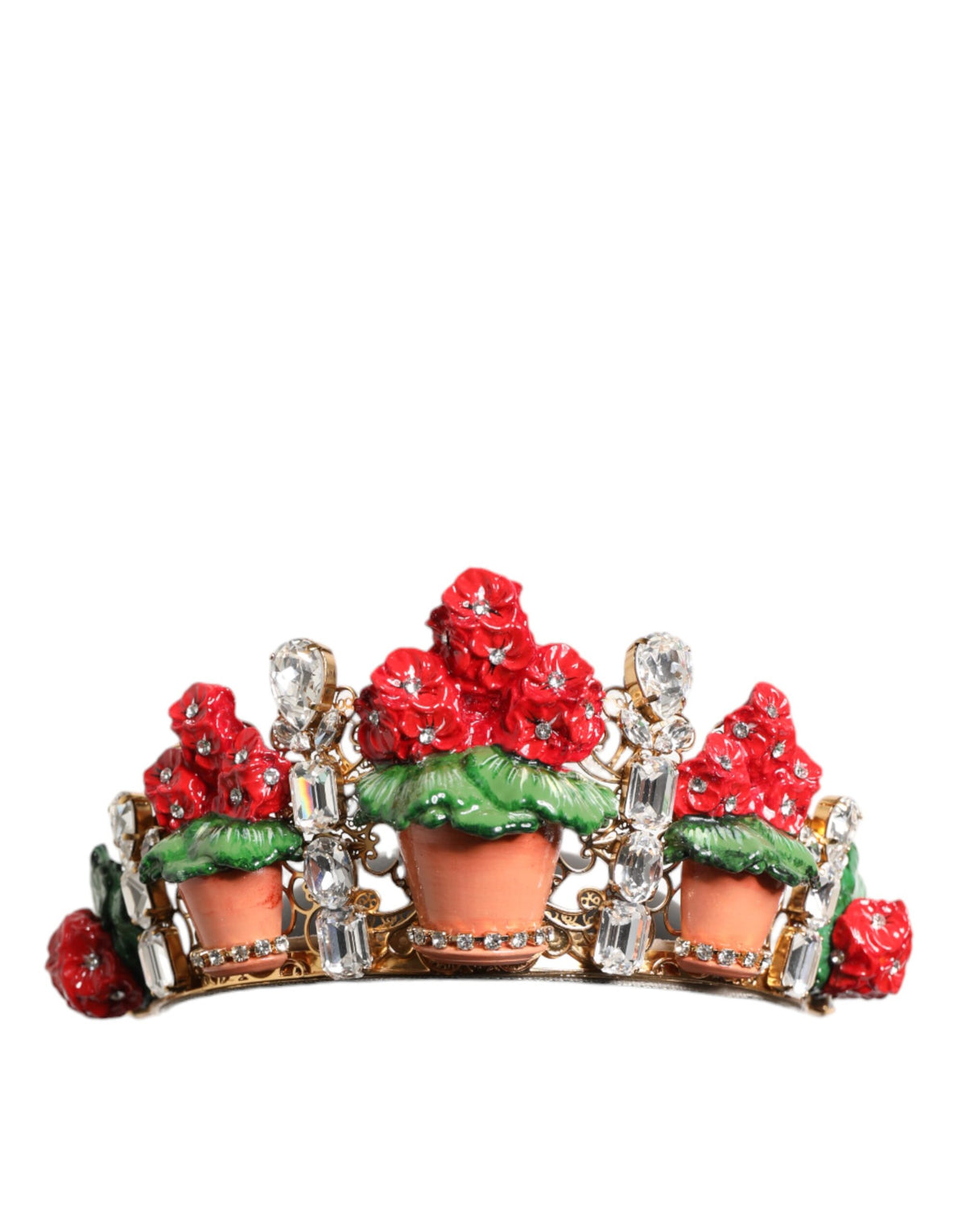 Discover the Dolce & Gabbana Red Floral Flowerpot Tiara Headband, a masterpiece of artisanal elegance, handcrafted in Italy with exquisite materials that embody timeless luxury.