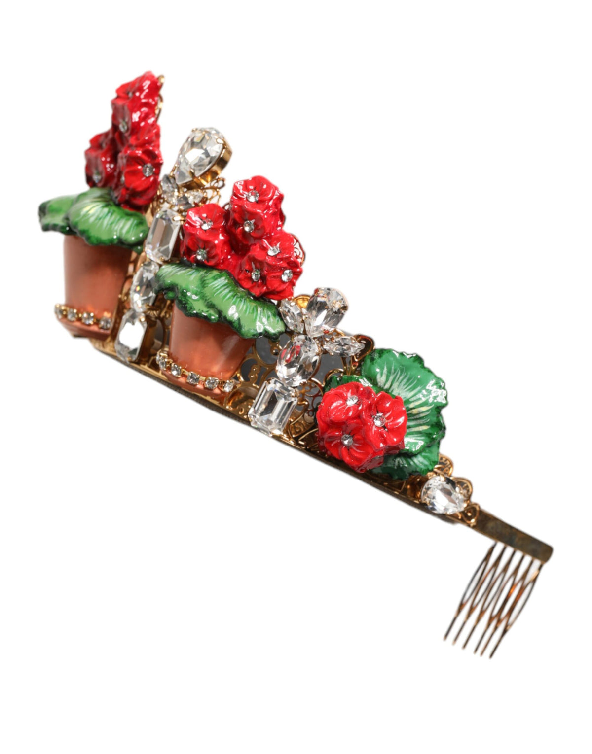 Indulge in the exquisite Dolce & Gabbana Red Floral Flowerpot Tiara Headband, a masterpiece of artisanal craftsmanship, where vibrant hand-painted flowers meet opulent crystals, embodying timeless elegance and luxury.