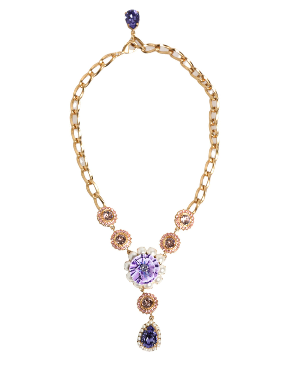 Elevate your elegance with the Dolce & Gabbana Gold Brass Crystal Pearl Purple Floral Pendant Necklace, a luxurious statement piece that embodies exquisite craftsmanship and timeless allure.