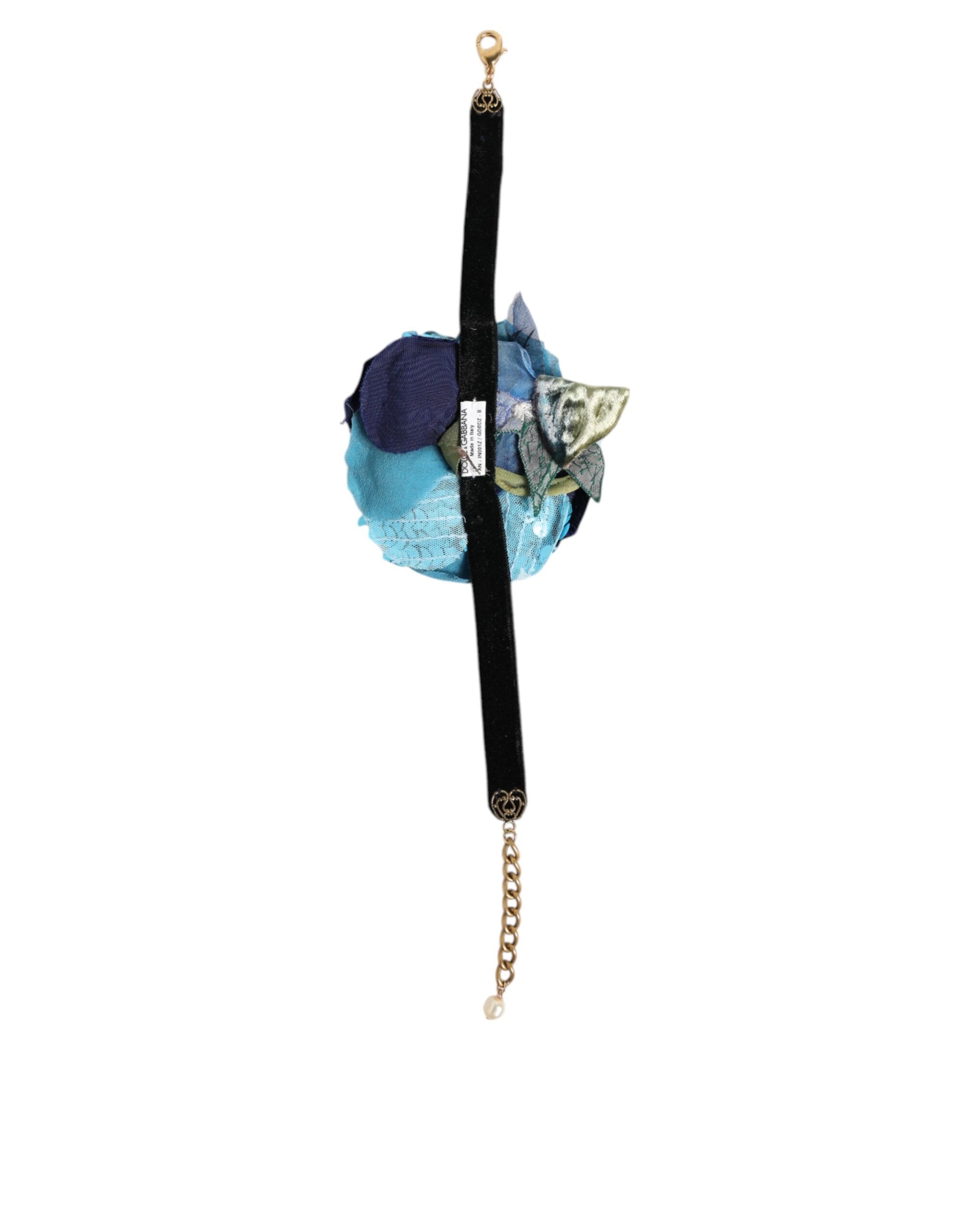 Dolce & Gabbana Blue Floral Appliqué Velvet Choker Crystal Beads Necklace