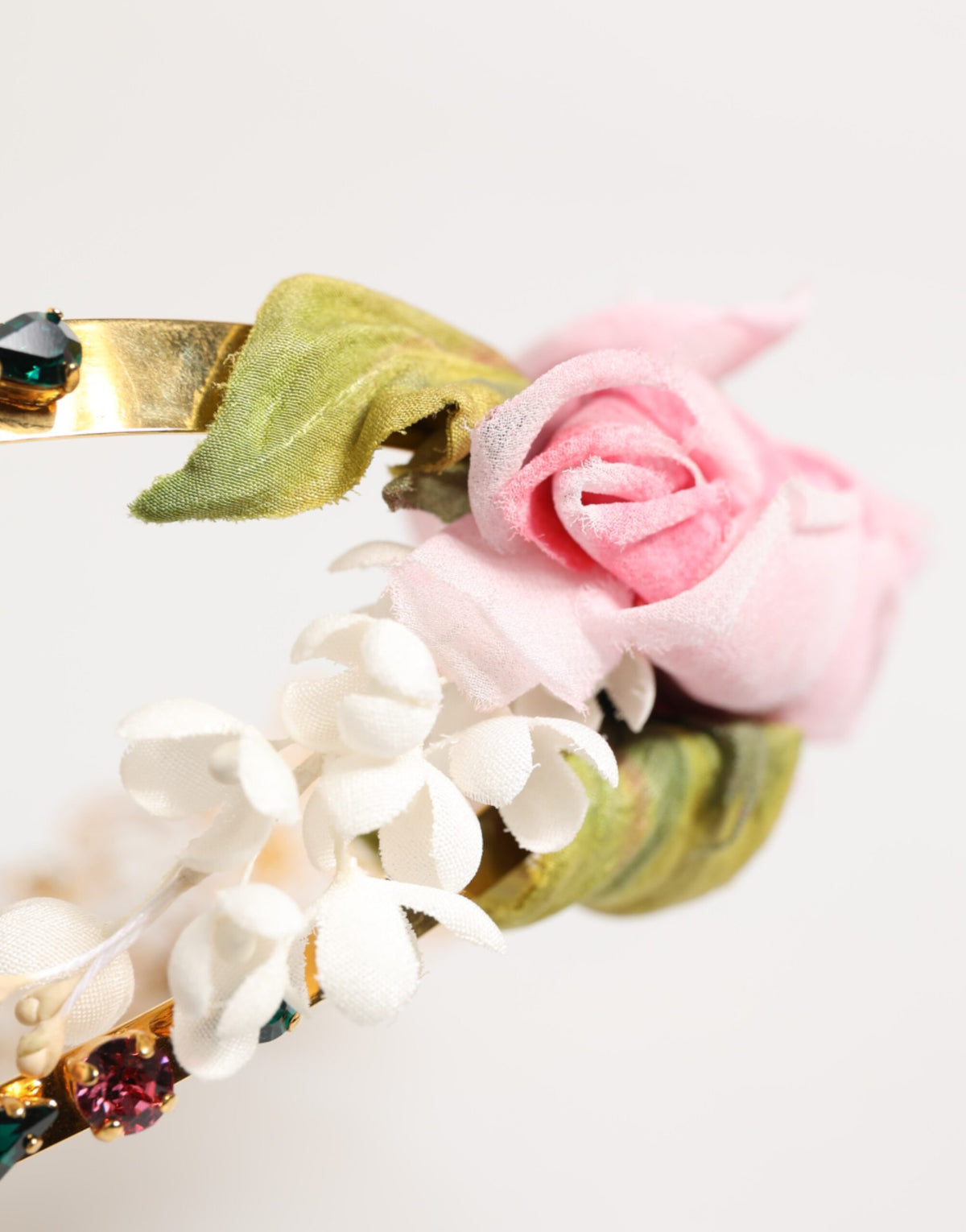 Elevate your elegance with the Dolce & Gabbana Gold Floral Tiara, a luxurious crown headband adorned with exquisite fabric flowers and shimmering crystals, embodying haute couture artistry.