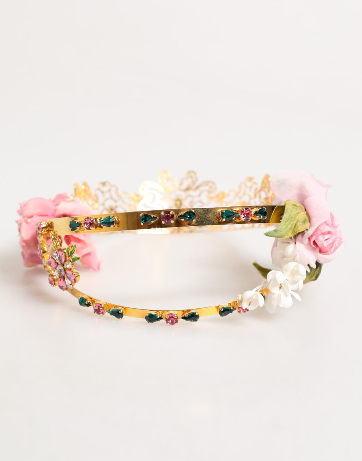 Elevate your elegance with the Dolce & Gabbana Gold Floral Tiara, a masterpiece of haute couture adorned with soft fabric flowers and shimmering crystals, perfect for unforgettable moments.