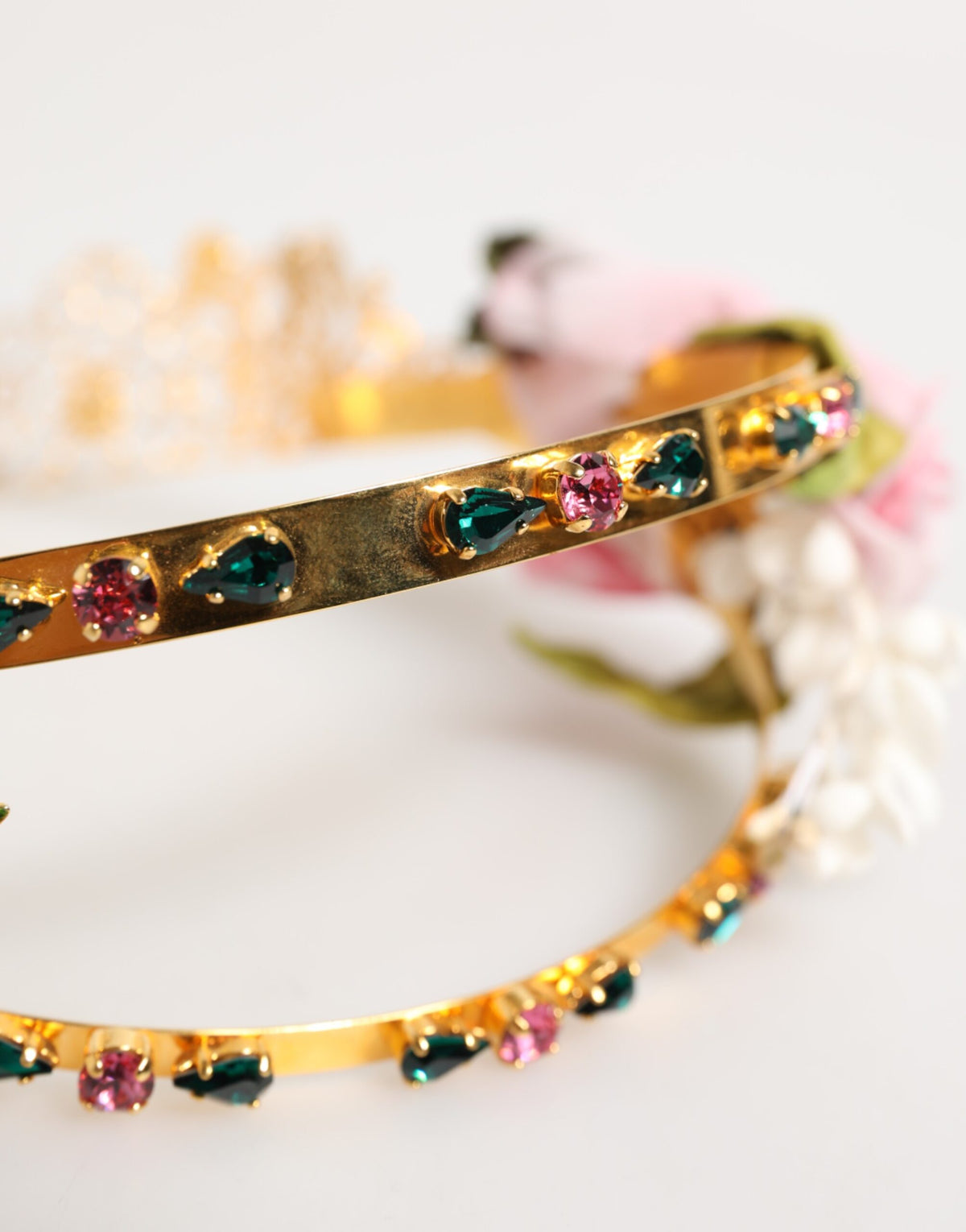 Elevate your elegance with the Dolce & Gabbana Gold Floral Tiara, a luxurious crown headband adorned with exquisite fabric flowers and shimmering crystals, embodying haute couture artistry.