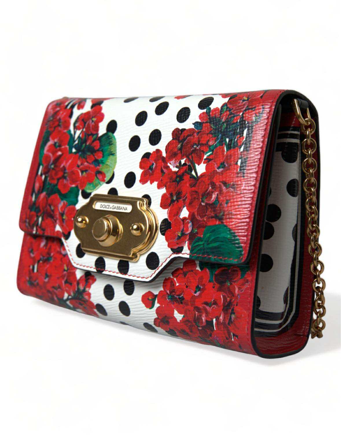 Dolce & Gabbana Red Floral Polka Dot Print Leather Chain DG Logo Shoulder Bag