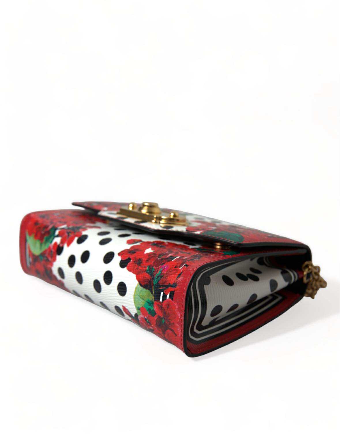 Dolce & Gabbana Red Floral Polka Dot Print Leather Chain DG Logo Shoulder Bag