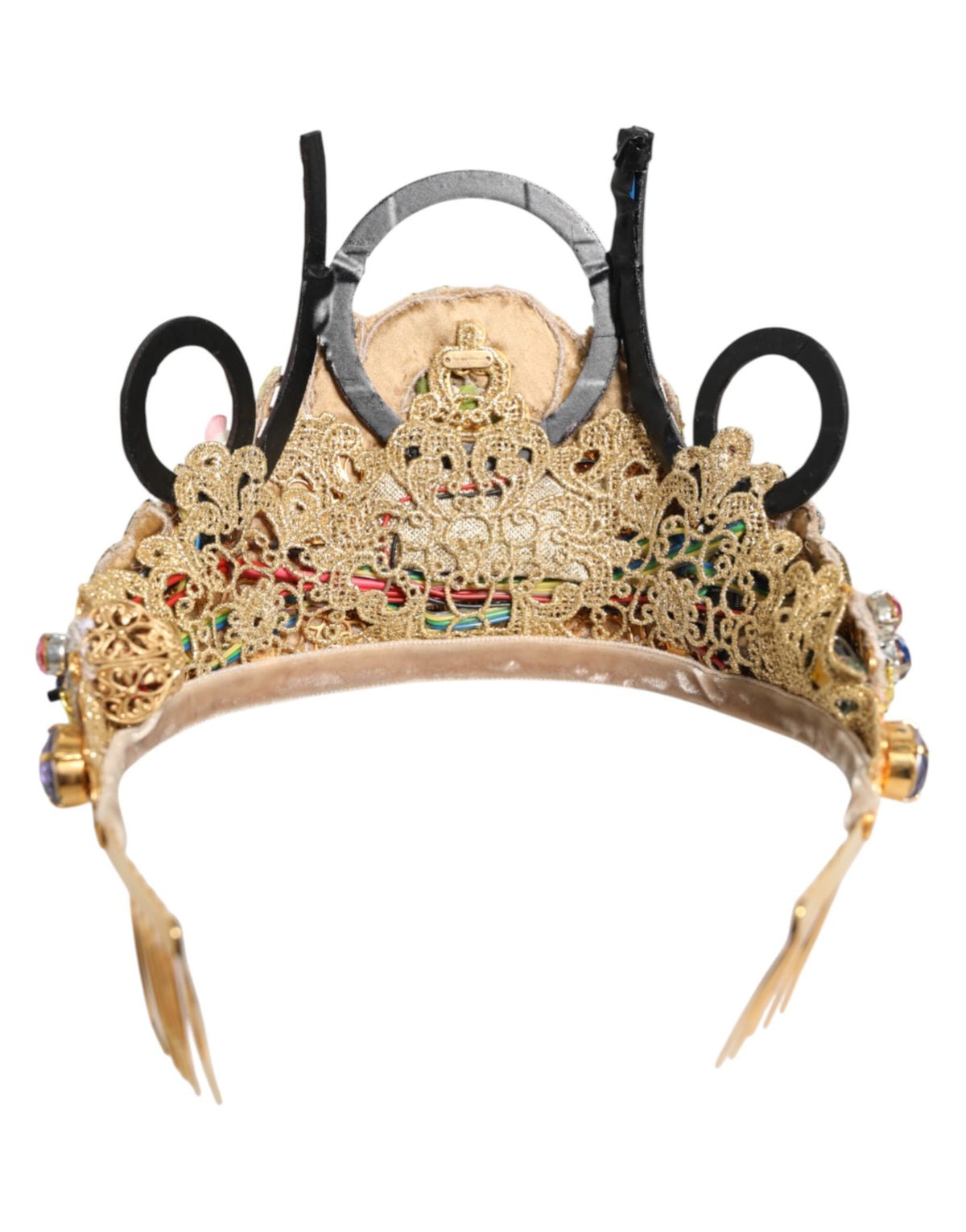Indulge in the opulence of the Dolce & Gabbana Gold Brass Crystal Embellished Crown Tiara, a masterpiece of Italian craftsmanship that elevates your elegance and allure.
