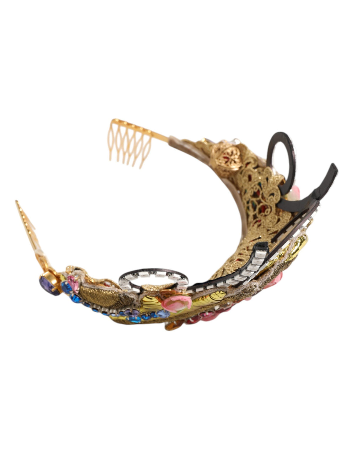 Indulge in the opulence of the Dolce & Gabbana Gold Brass Crystal Embellished Headpiece, a luxurious crown tiara that embodies exquisite Italian craftsmanship and timeless elegance.