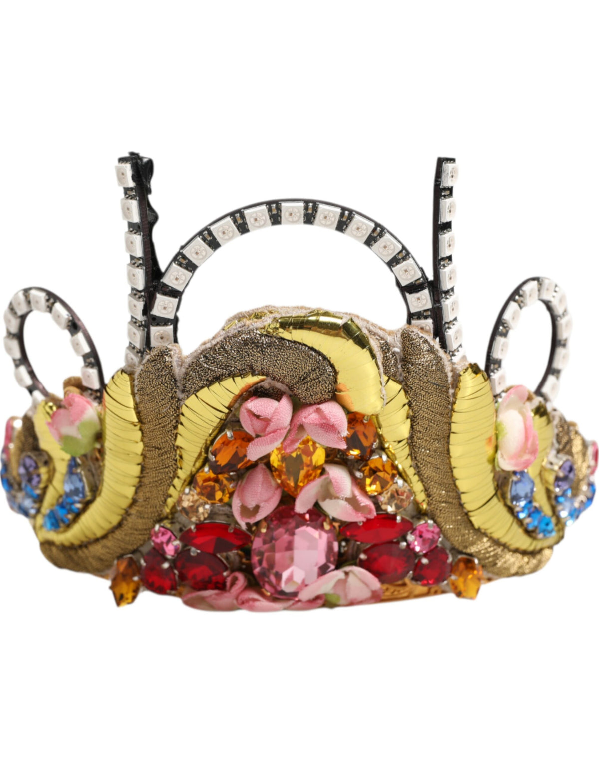 Indulge in the opulence of the Dolce & Gabbana Gold Brass Crystal Embellished Headpiece, a luxurious crown tiara that embodies exquisite Italian craftsmanship and timeless elegance.
