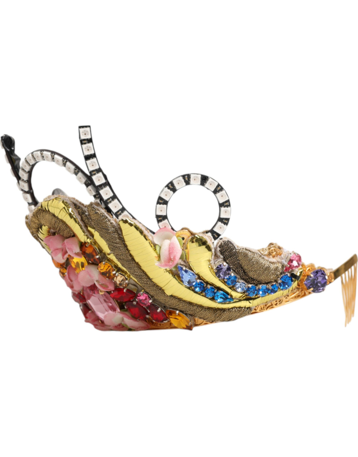 Indulge in the opulence of the Dolce & Gabbana Gold Brass Crystal Embellished Headpiece, a luxurious crown tiara that embodies exquisite Italian craftsmanship and timeless elegance.
