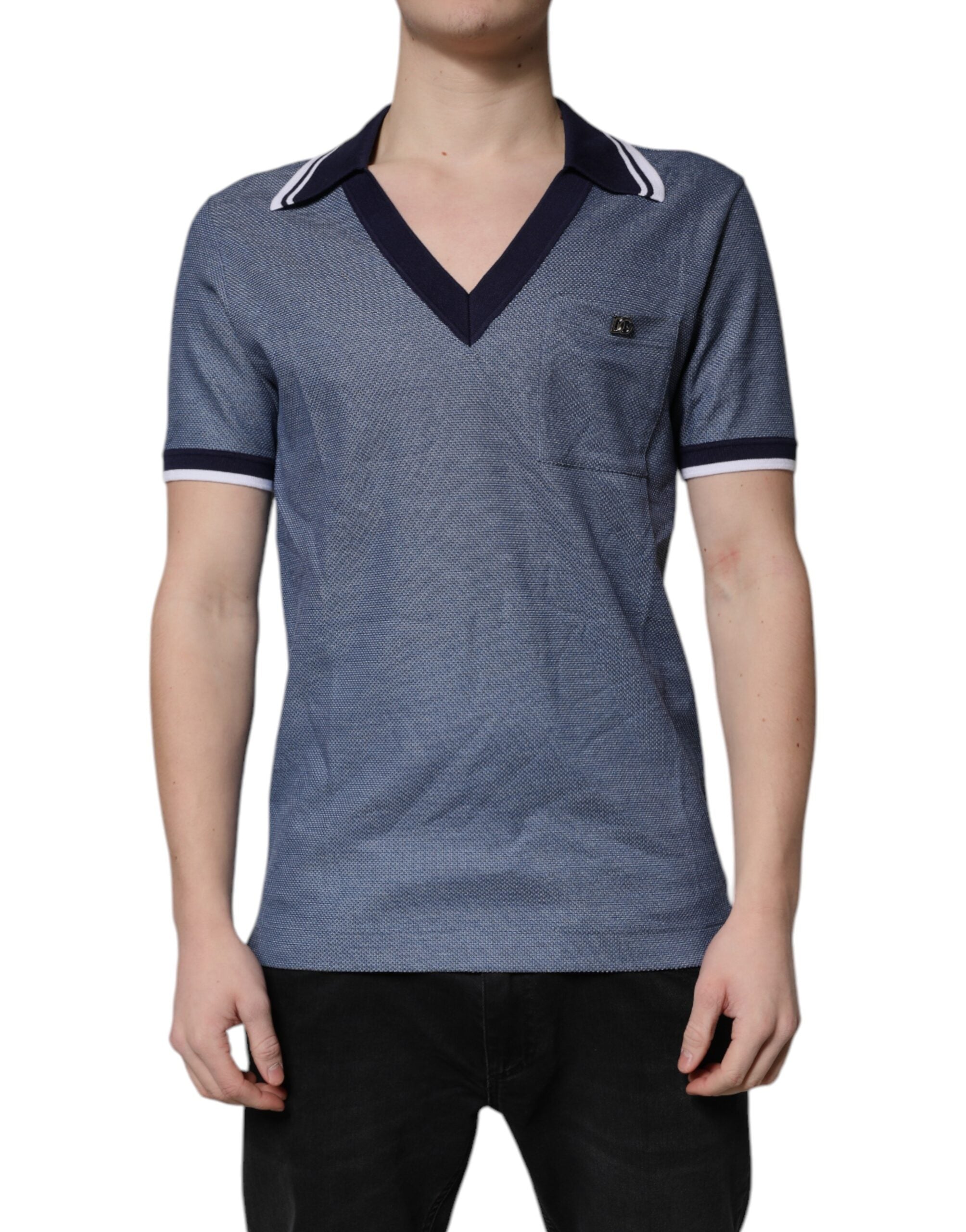 Experience the allure of the Dolce & Gabbana Blue Collared V-neck Silk Blend Polo T-shirt, where exquisite craftsmanship meets timeless Italian elegance for the discerning individual.
