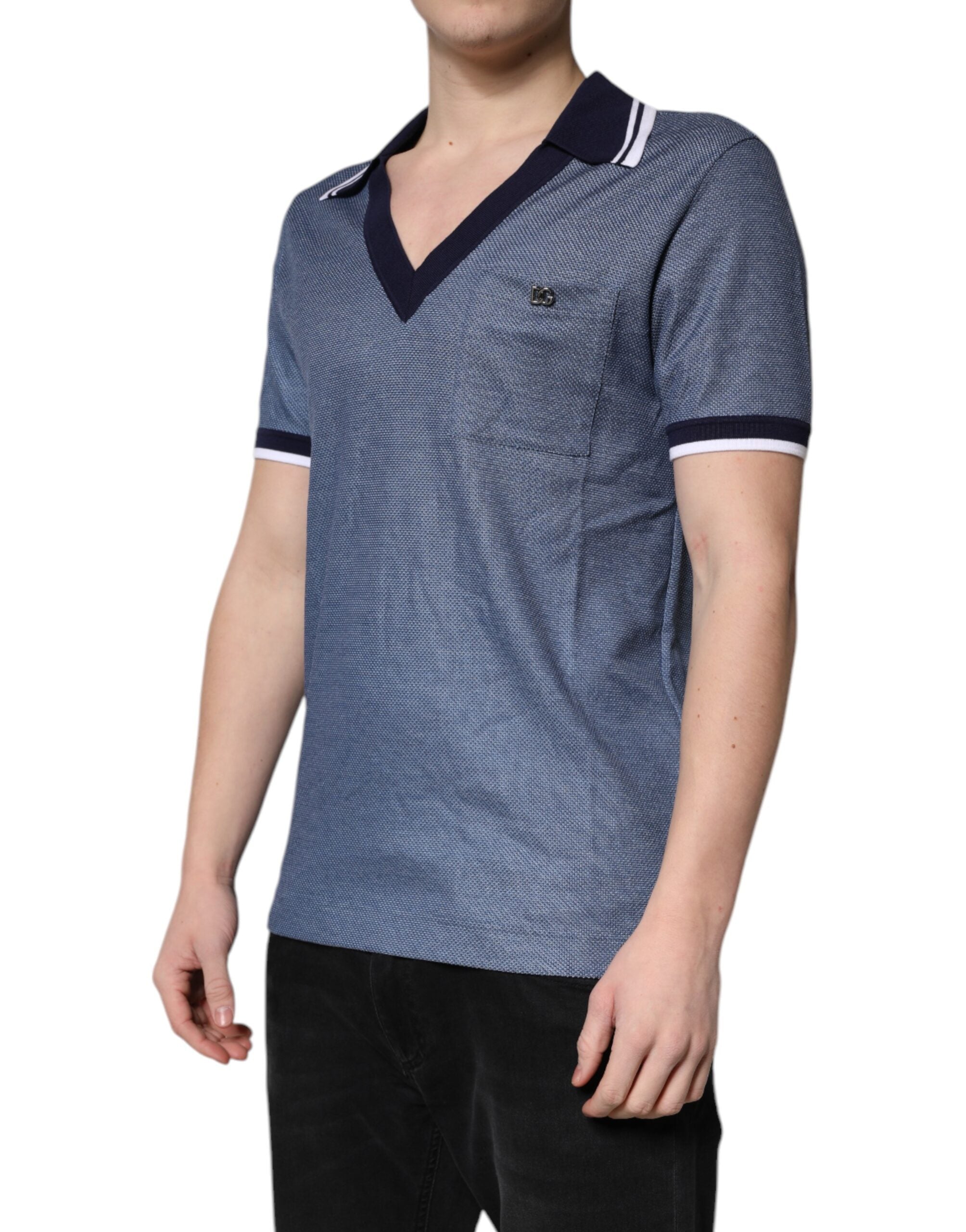 Indulge in the exquisite Dolce & Gabbana Blue Collared V-neck Silk Blend Polo T-shirt, a symbol of Italian luxury crafted for those who embody elegance and sophistication.