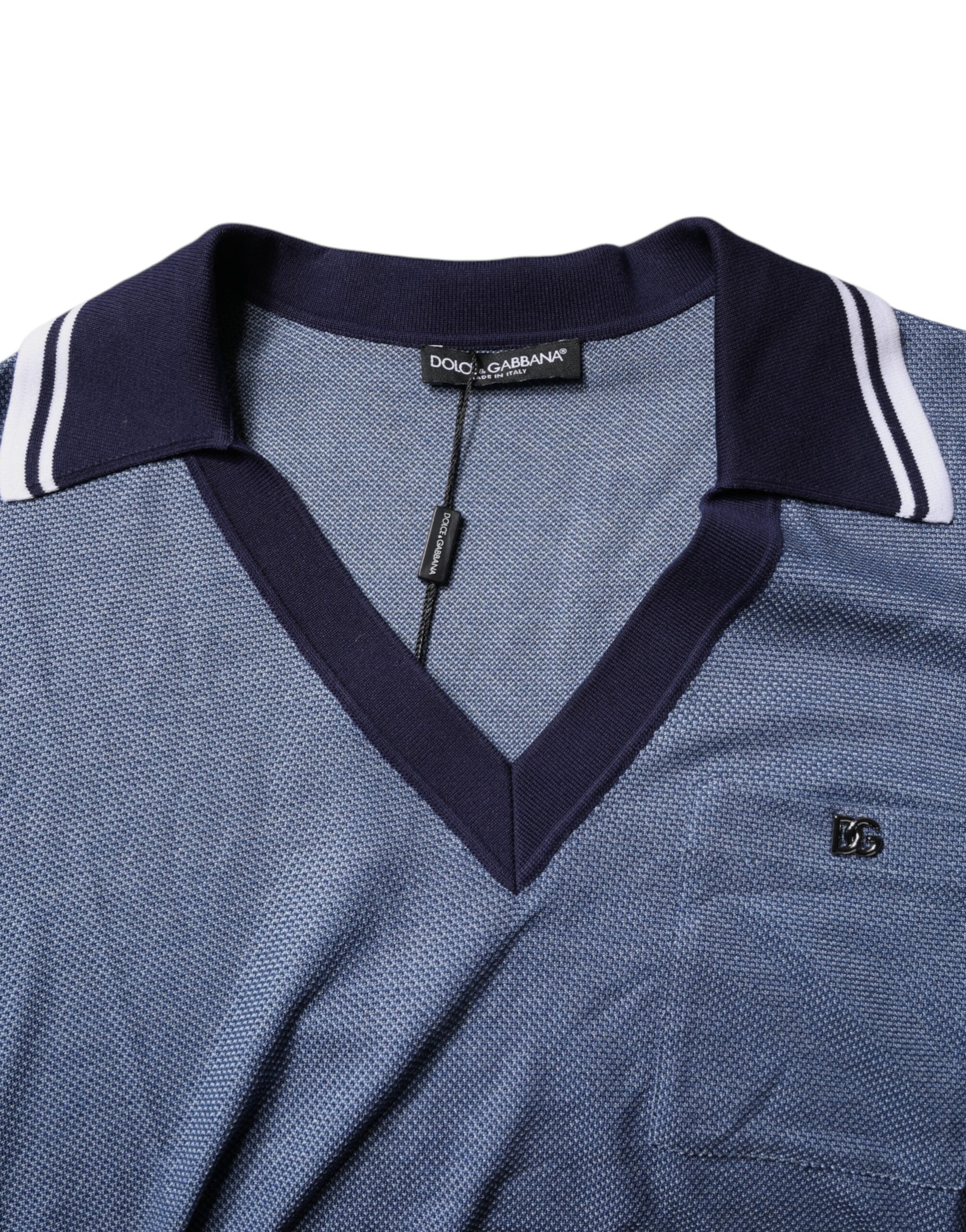 Indulge in the exquisite Dolce & Gabbana Blue Collared V-neck Silk Blend Polo T-shirt, a testament to Italian craftsmanship, perfect for those who embody elegance and confidence.